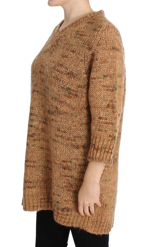 PINK MEMORIES Chic Brown Oversize Knitted V-Neck Women's Sweater