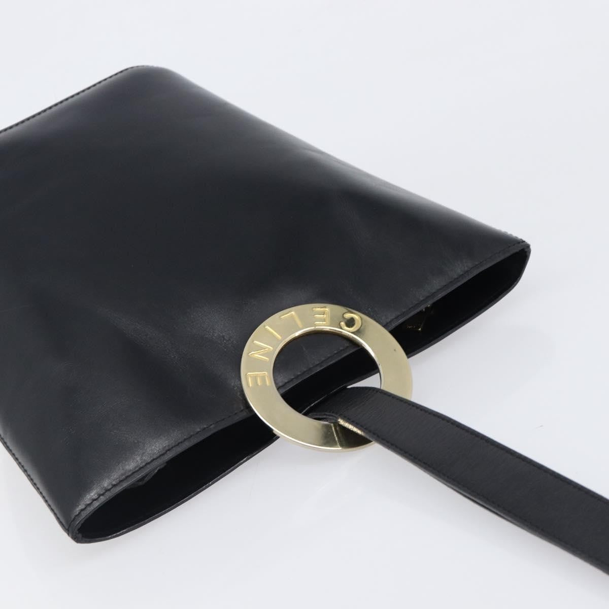 Celine Shoulder Bag Circle Logo Leather Black Leather Shoulder Bag Bag (Pre-Owned)
