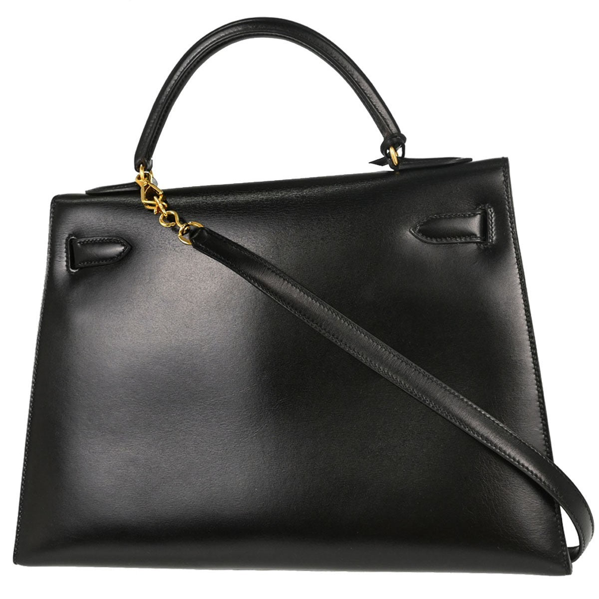 Hermes Kelly Black Box Calf With Gold Hardware Black Calfskin Handbag (Pre-Owned)