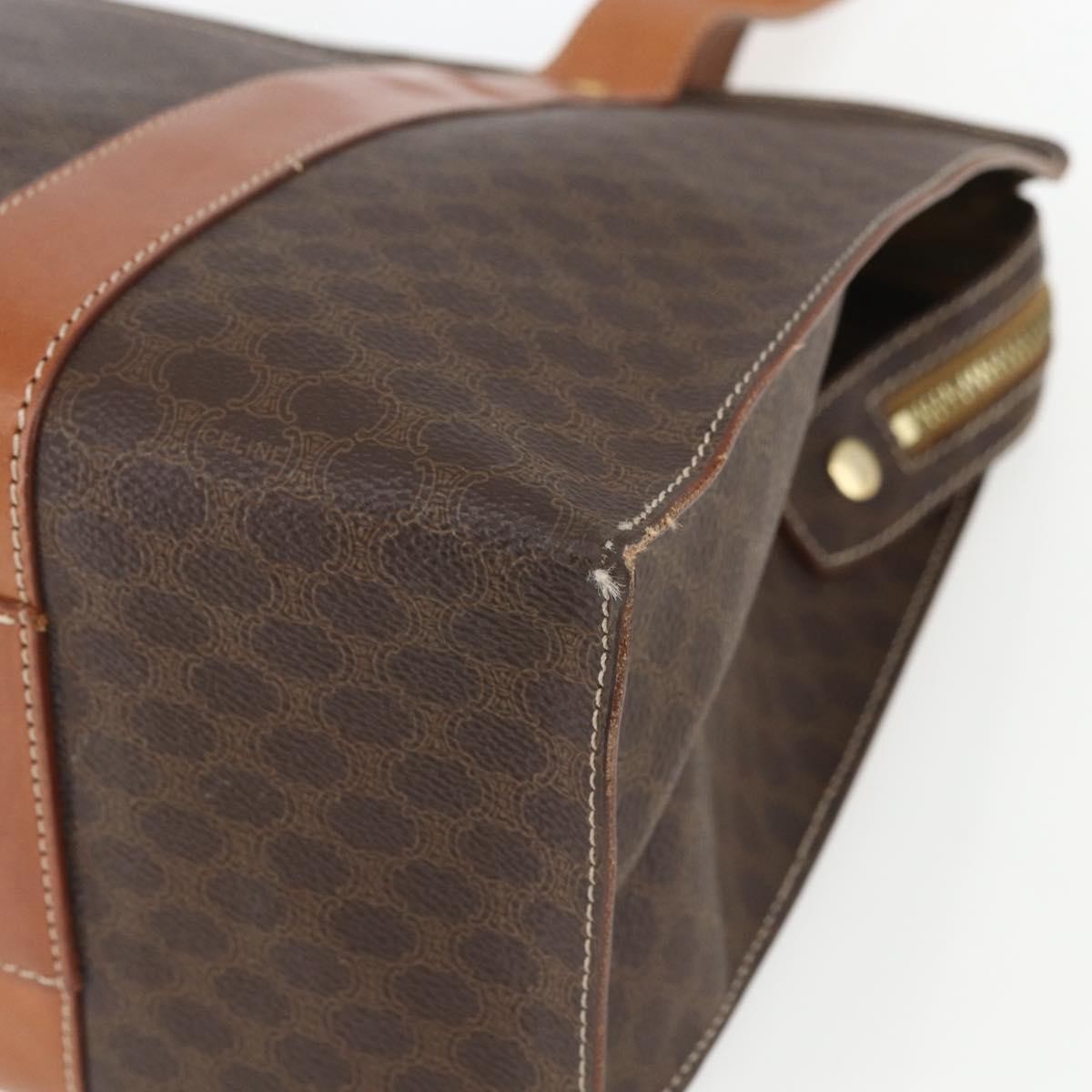 Celine Vintage Macadam Shopper Tote Canvas And Leather Brown Canvas Tote Bag Bag (Pre-Owned)