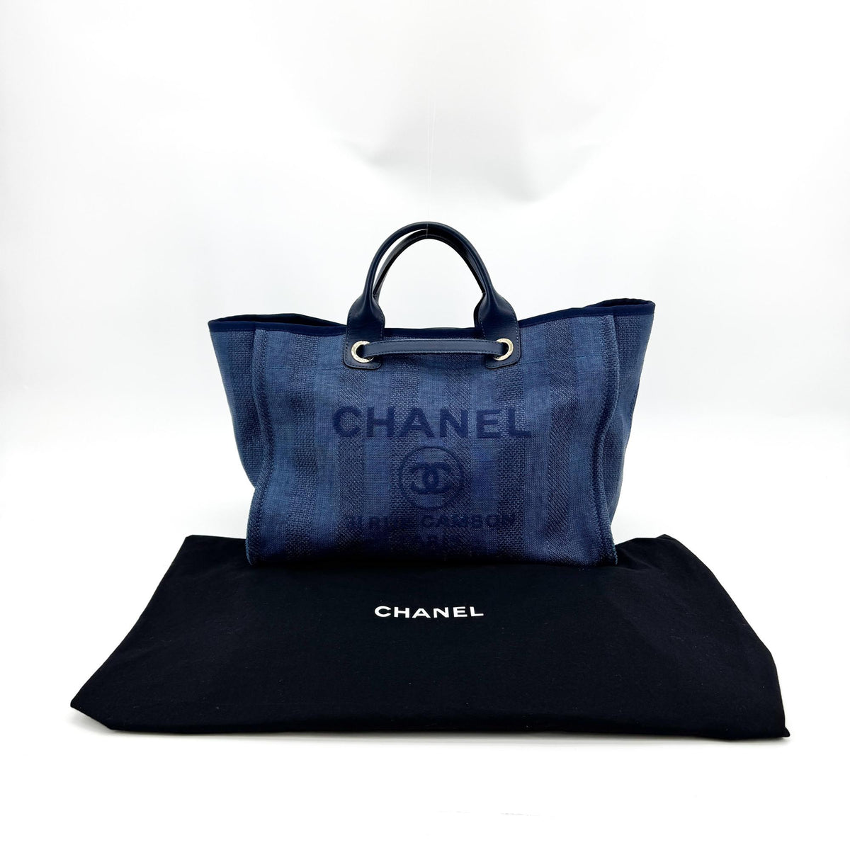 Chanel Deauville Stripe Canvas Navy Canvas Tote Bag Bag (Pre-Owned)