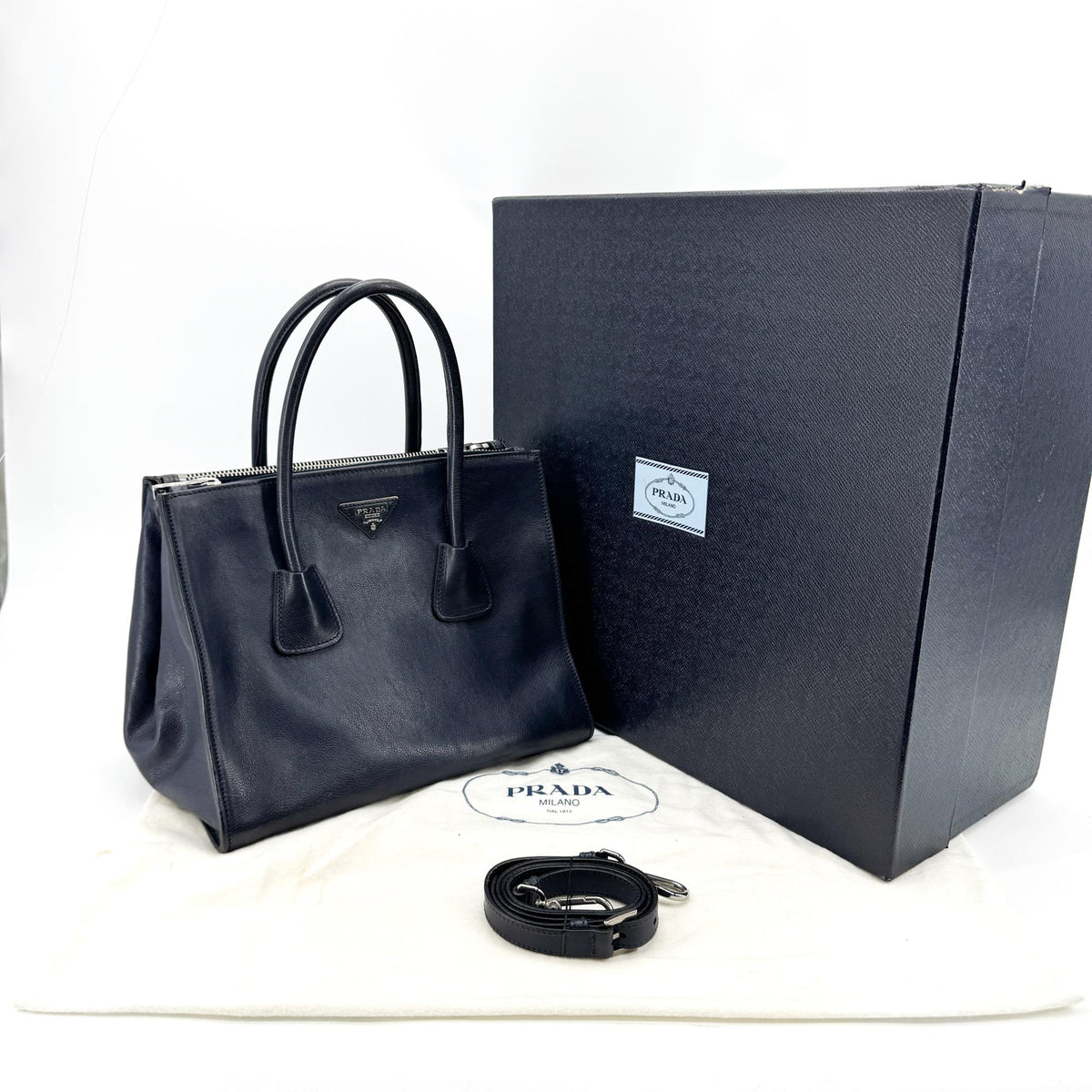 Prada Twin Pocket Convertible Leather Black Leather Tote Bag Bag (Pre-Owned)