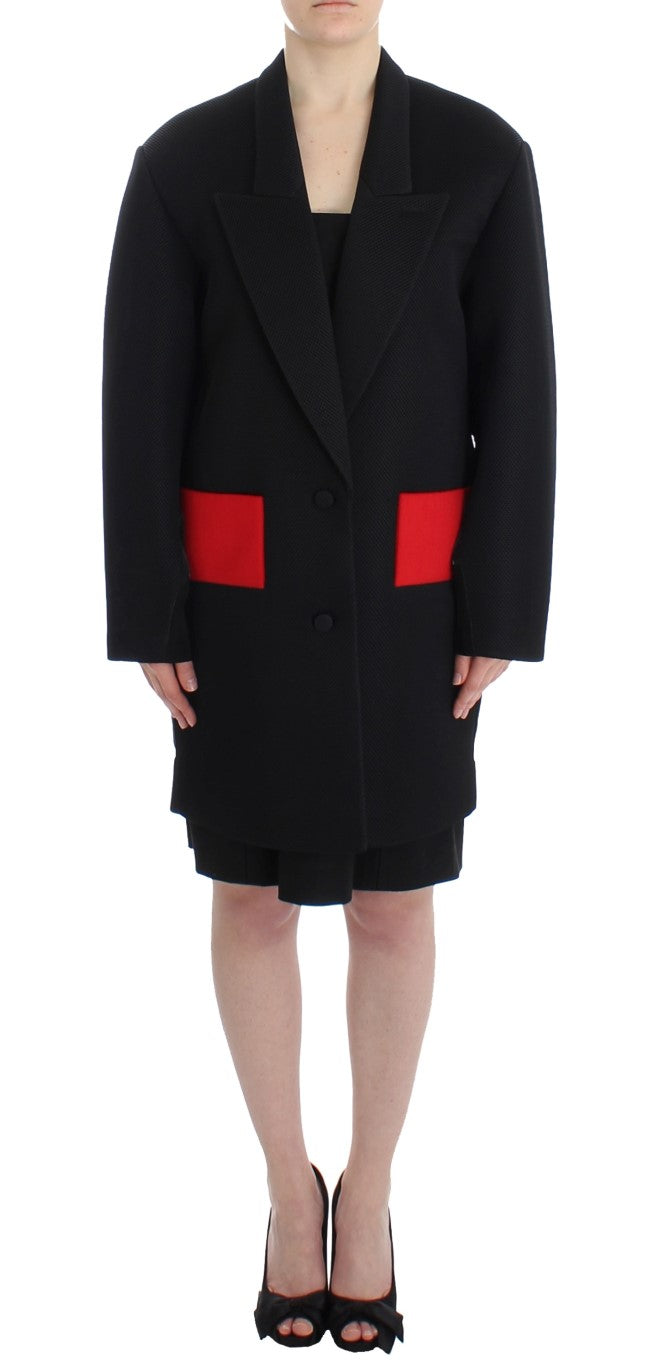 KAALE SUKTAE Elegant Draped Long Coat in Black with Red Women's Accents