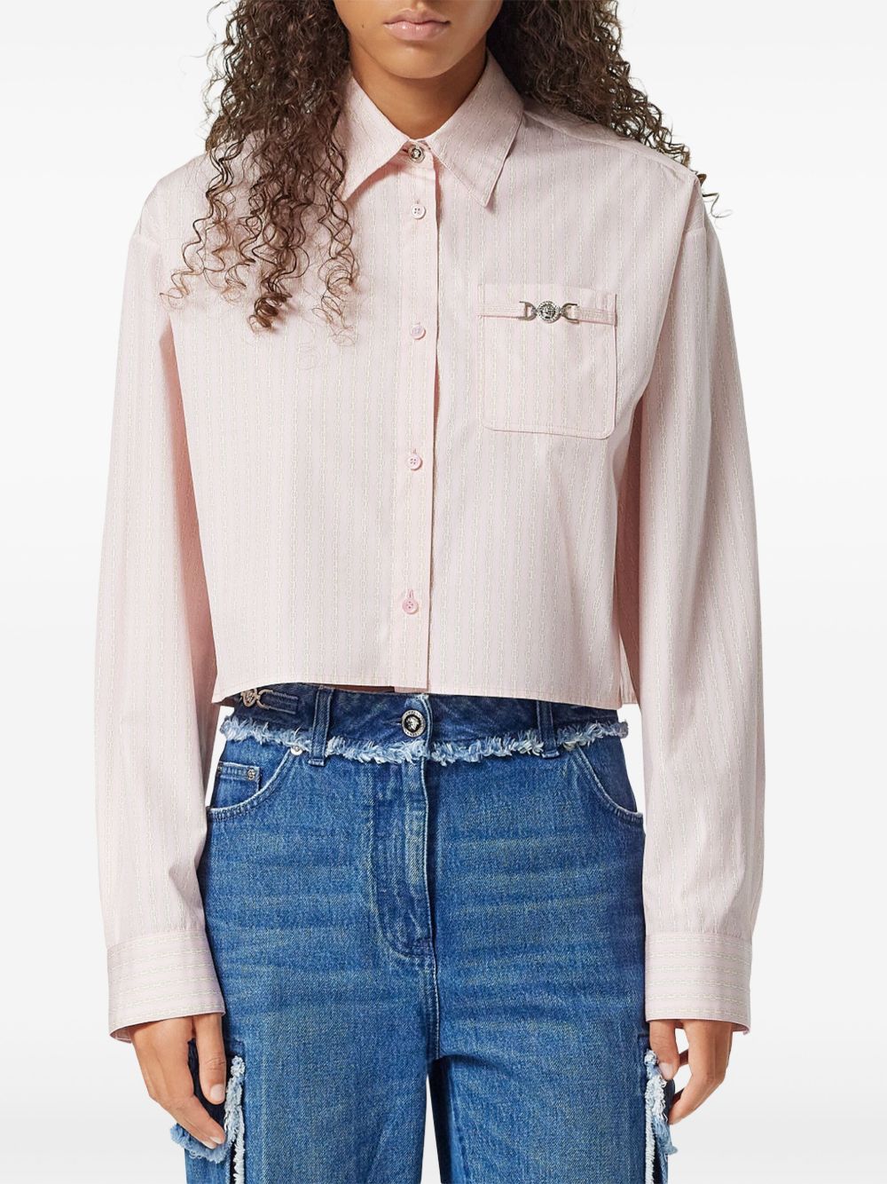 Versace Women's Pinstripe Chain Boxy Short Shirt