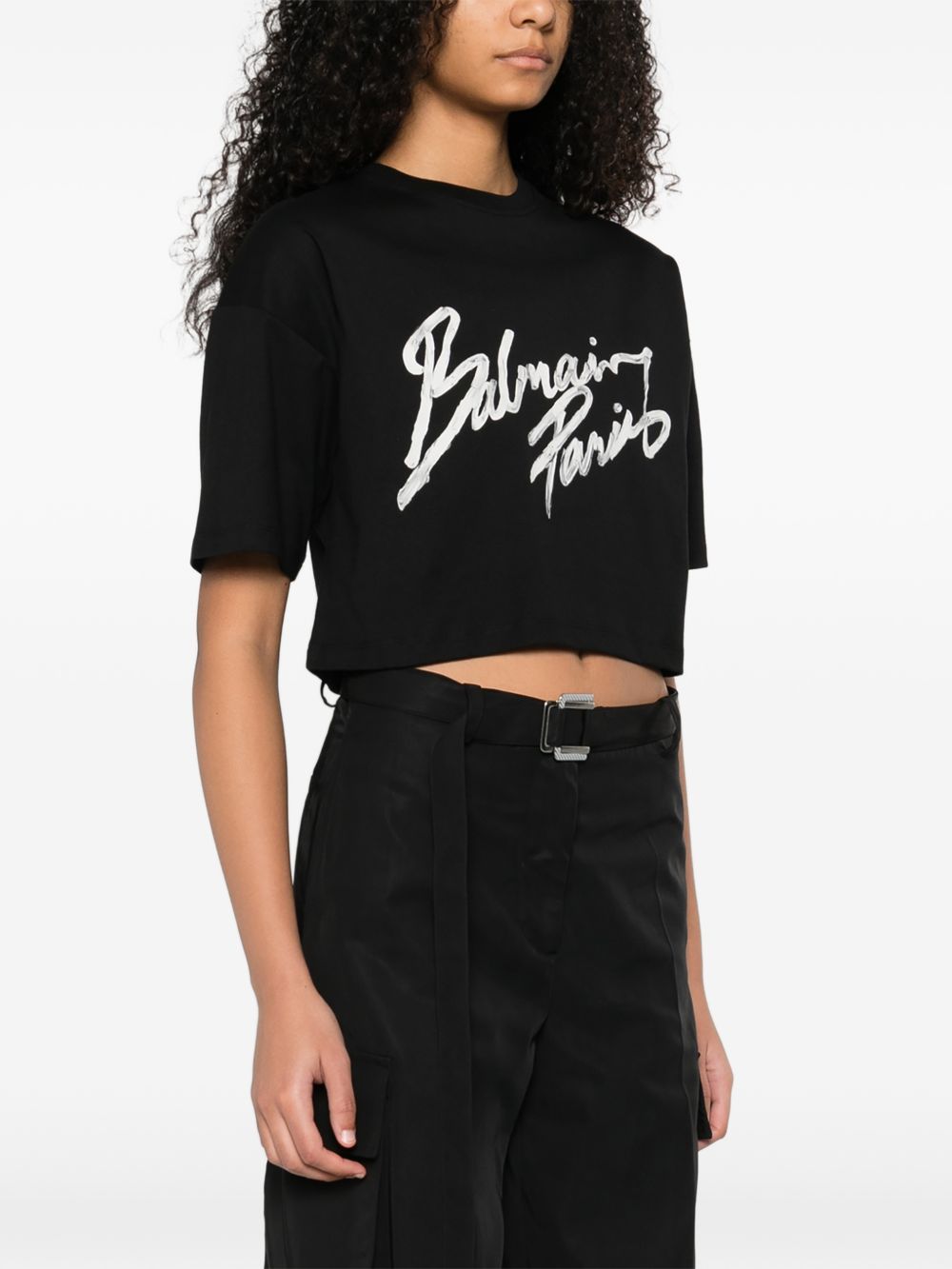 Balmain Women's Cropped T-Shirt With Flocked Letter Logo