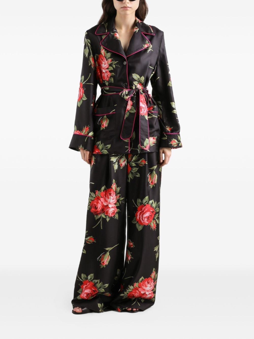 Dolce & Gabbana Women's-Black Silk Floral-Print Belted Shirt
