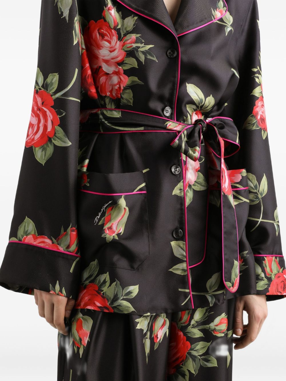 Dolce & Gabbana Women's-Black Silk Floral-Print Belted Shirt