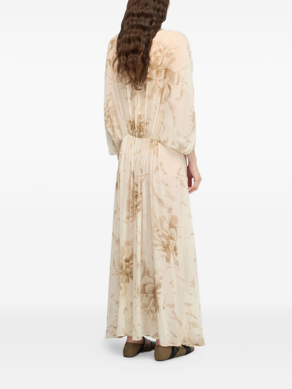 Semicouture Women's V-Neck Gathered Waist Long Sleeves Veronica Long Dress