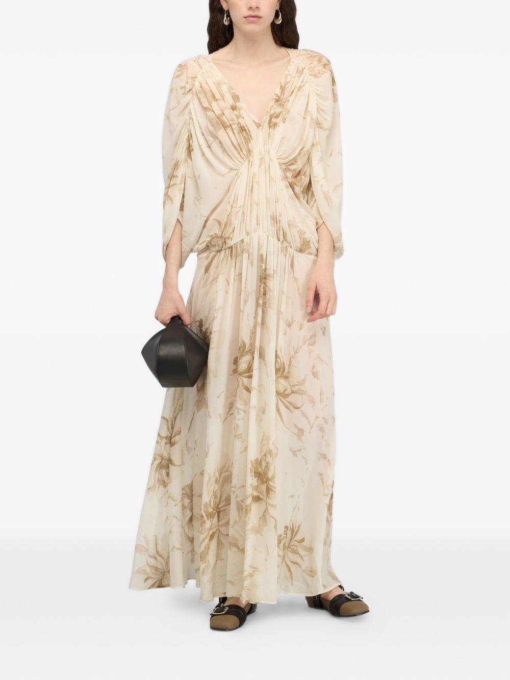 Semicouture Women's V-Neck Gathered Waist Long Sleeves Veronica Long Dress