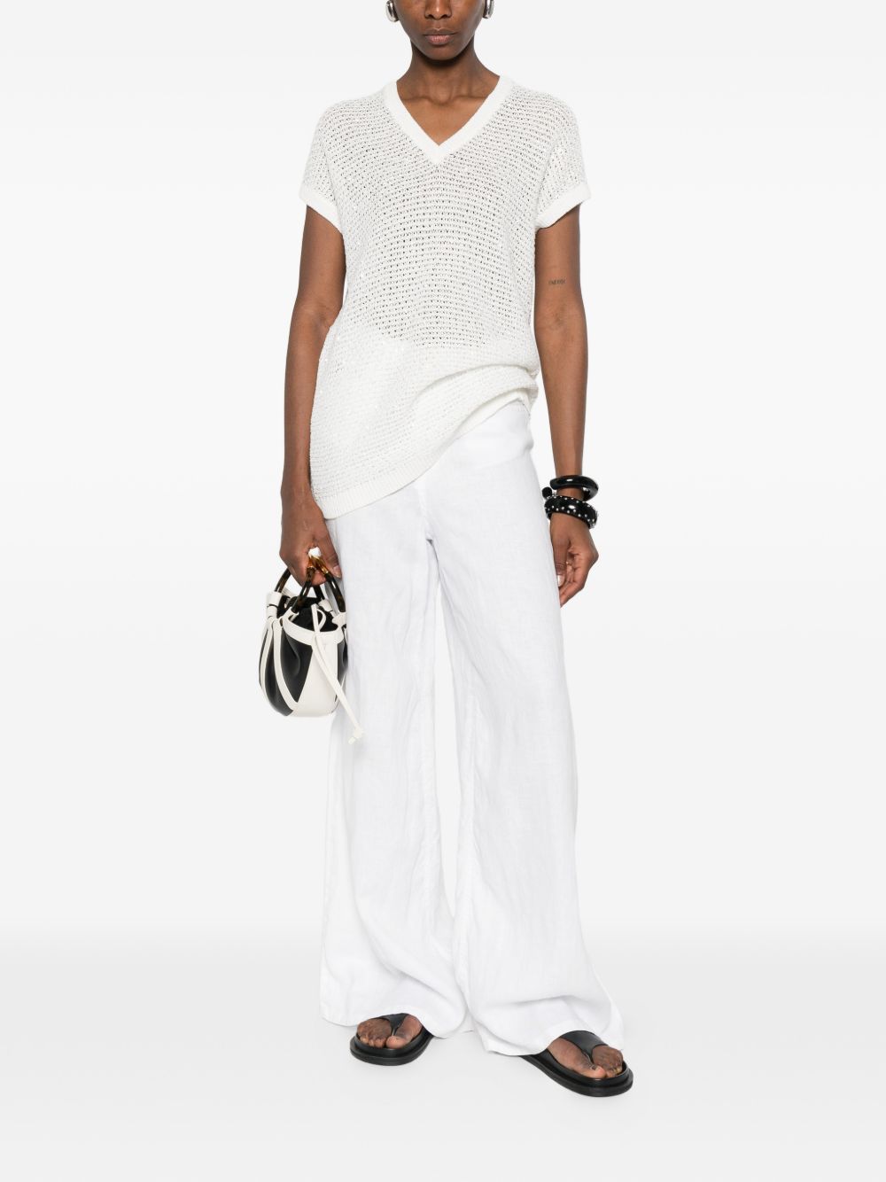 Fabiana Filippi Women's V-Neck Short Sleeves Sequin Embellishments Openwork Top