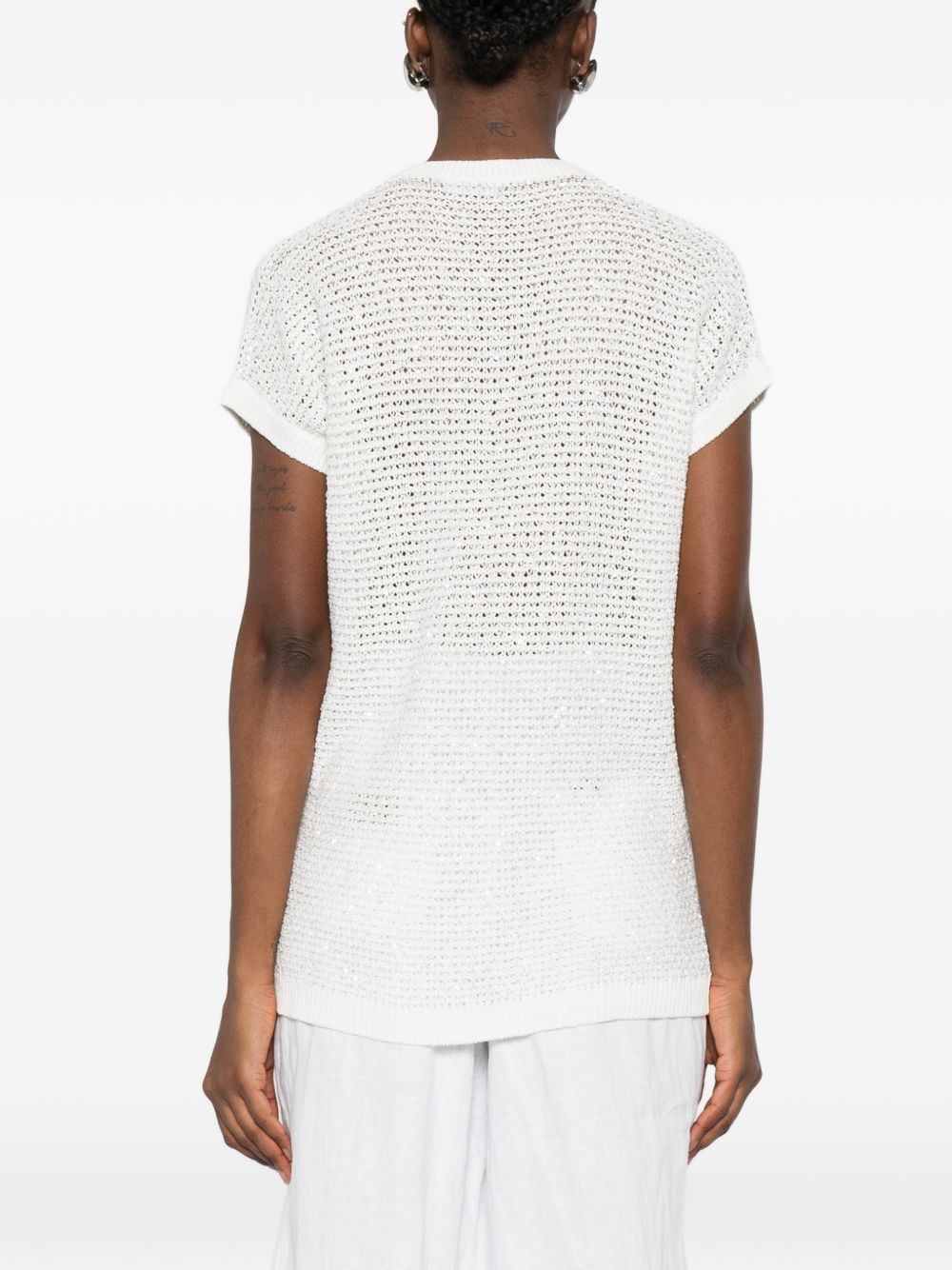 Fabiana Filippi Women's V-Neck Short Sleeves Sequin Embellishments Openwork Top