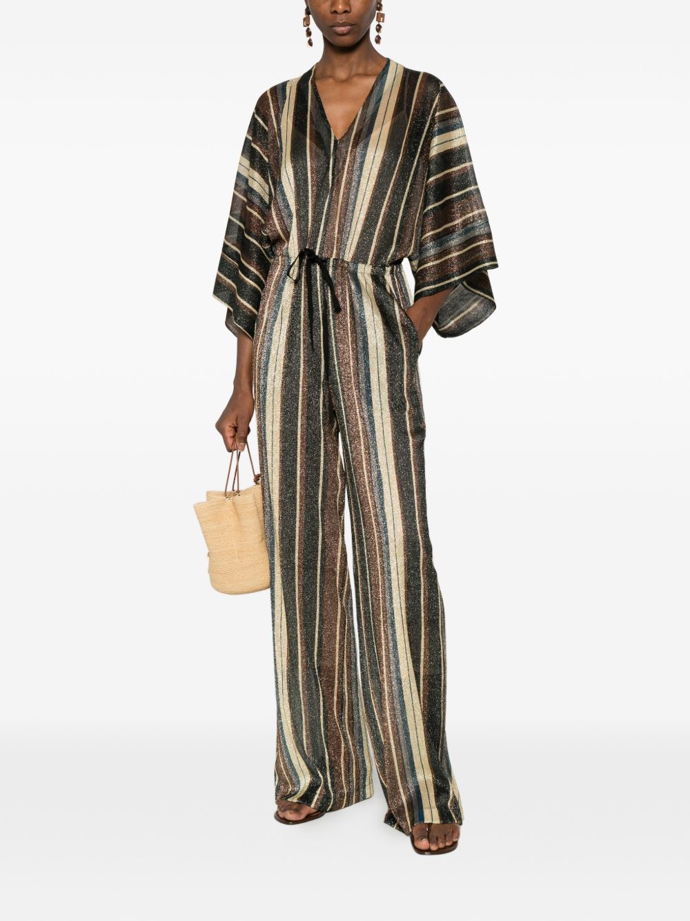 Siyu Women's V-Neck Short Sleeves Striped Long Jumpsuit