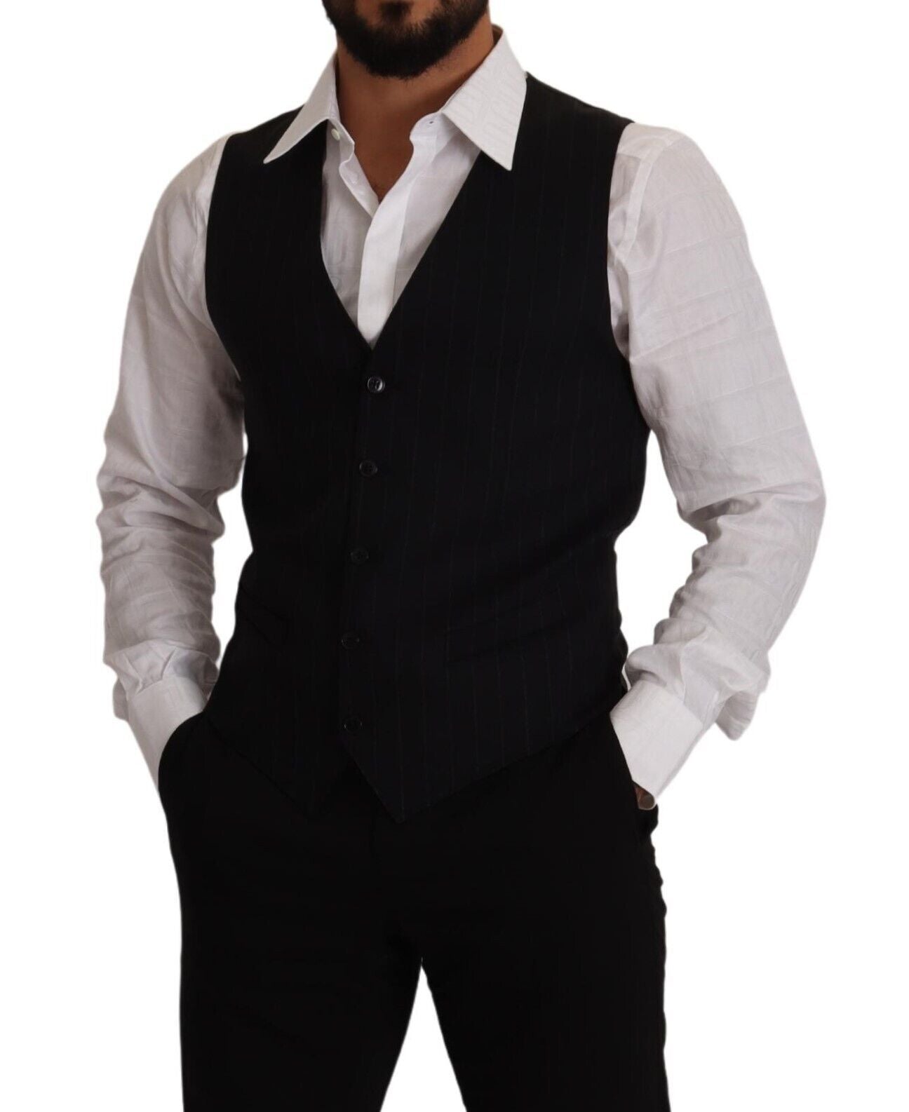 Dolce & Gabbana Blue Striped Wool Stretch Waistcoat Men's Vest