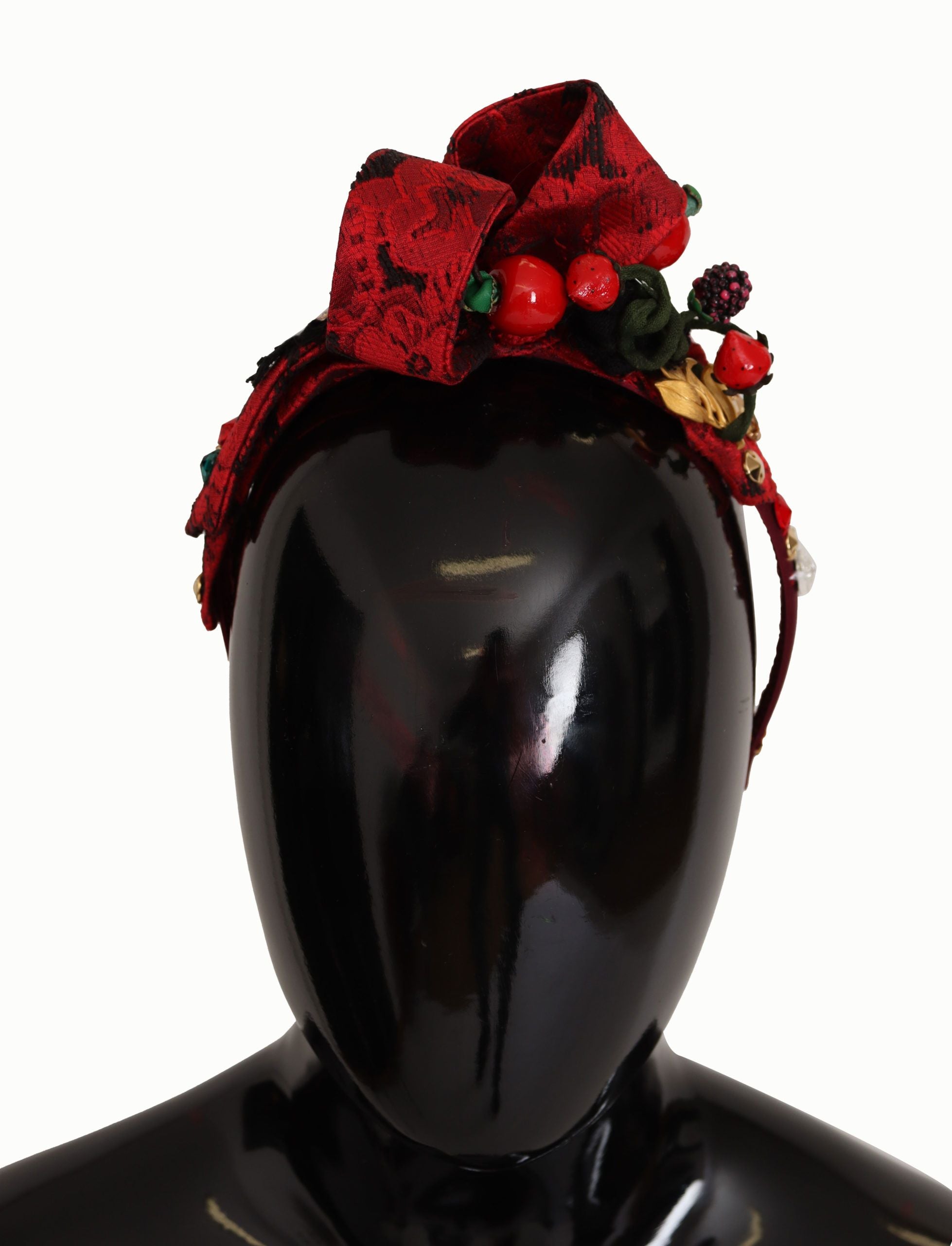 Dolce & Gabbana Cherry Silk Crystal Bow Logo Diadem Tiara Women's Headband