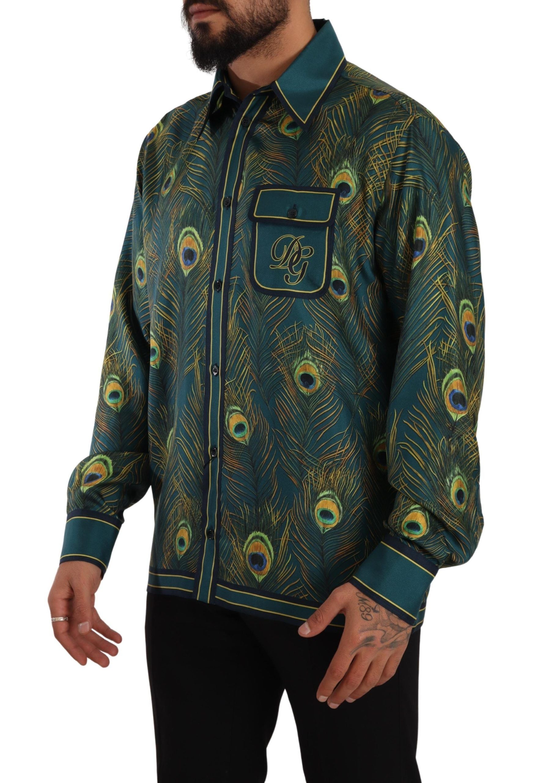 Dolce & Gabbana Peacock Feather Print Silk Pajama Mens Men's Shirt