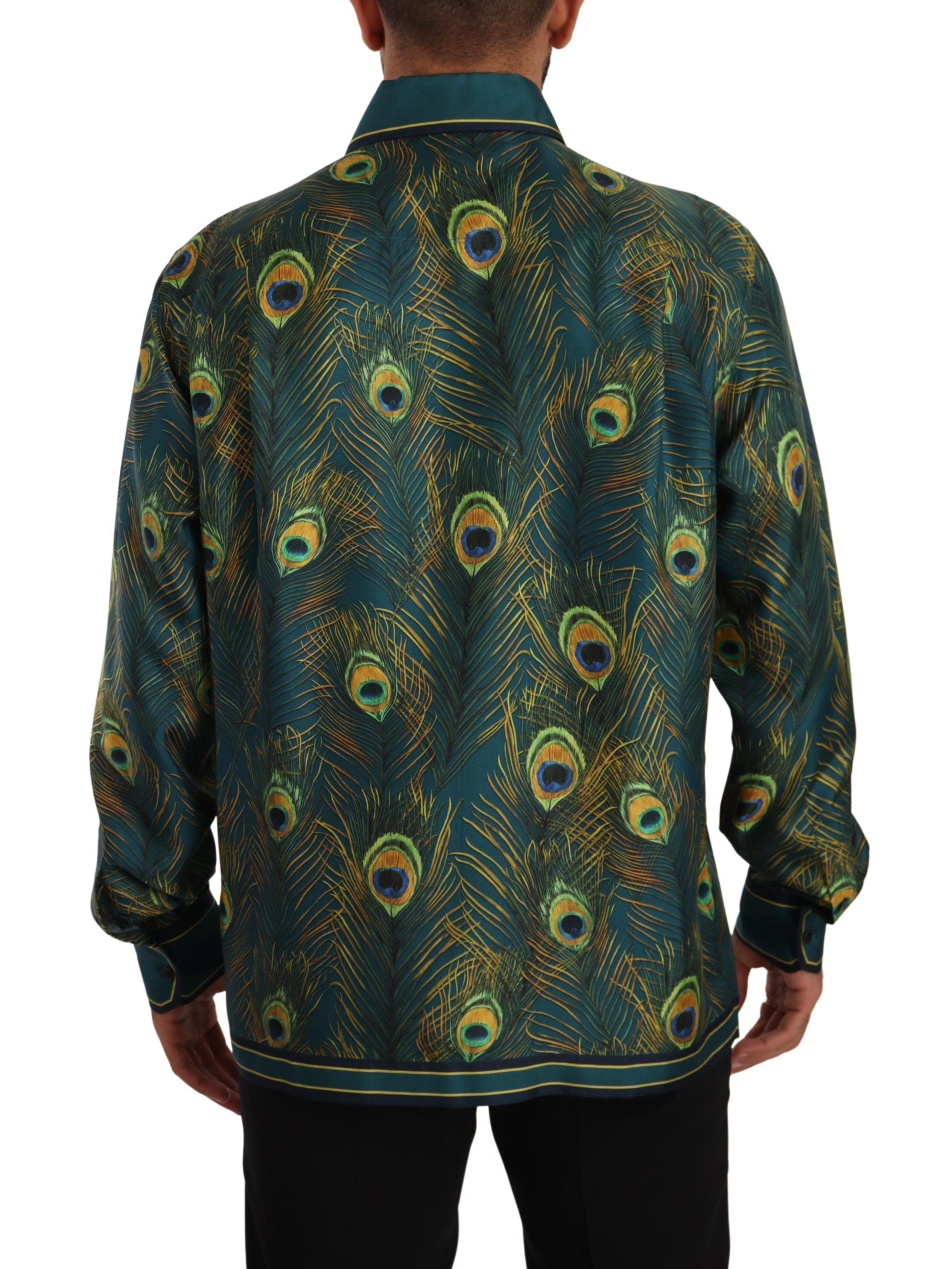 Dolce & Gabbana Peacock Feather Print Silk Pajama Mens Men's Shirt