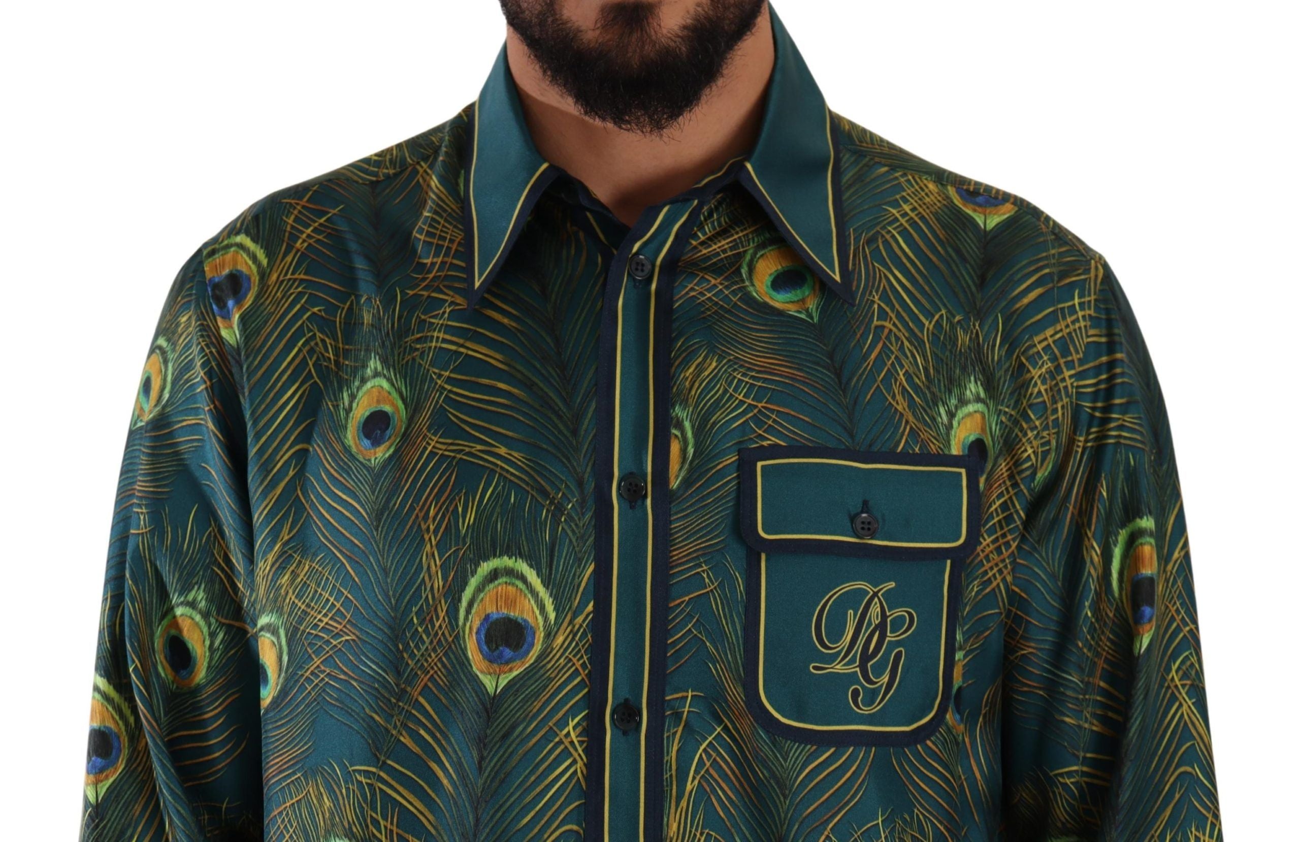 Dolce & Gabbana Peacock Feather Print Silk Pajama Mens Men's Shirt