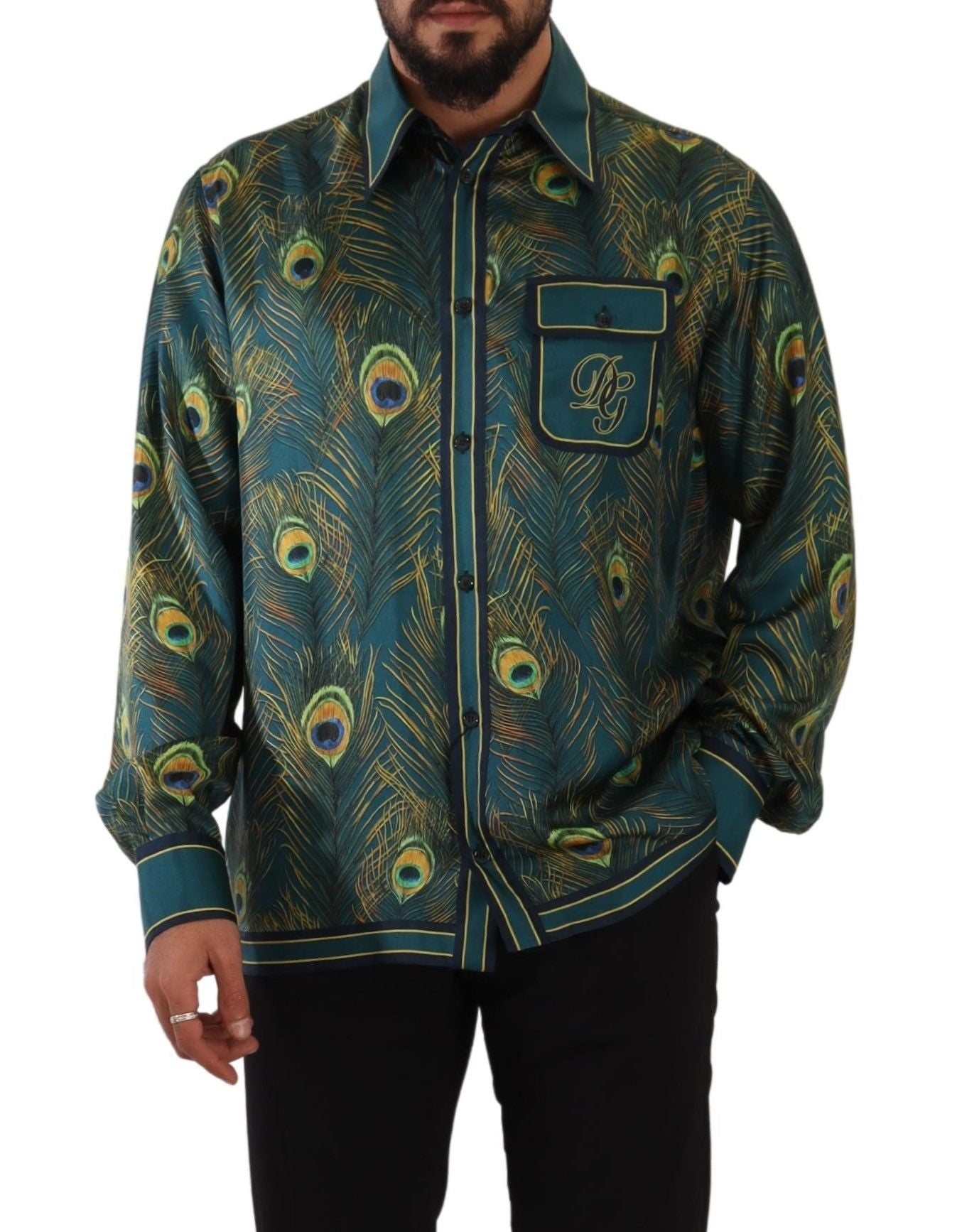 Dolce & Gabbana Peacock Feather Print Silk Pajama Mens Men's Shirt