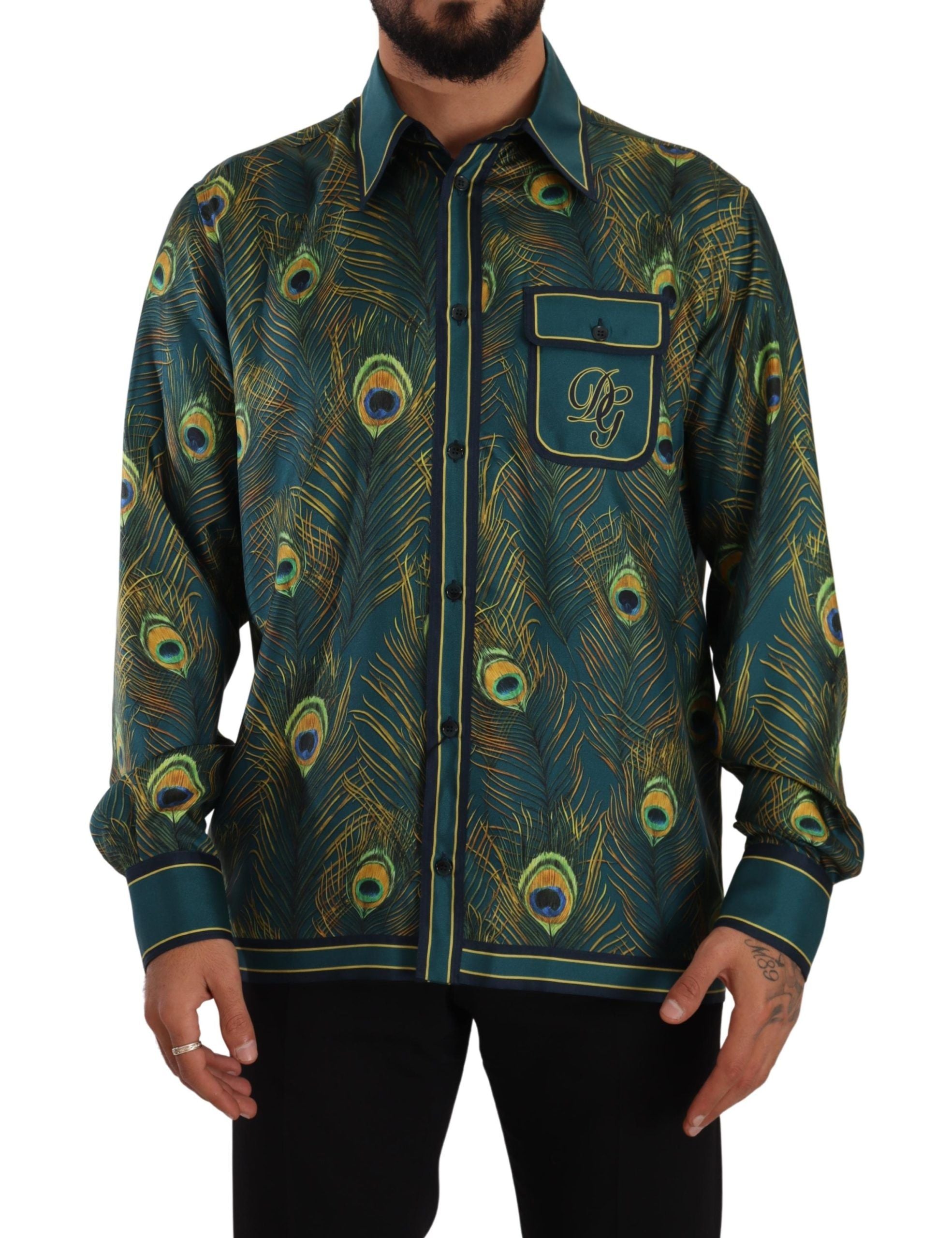 Dolce & Gabbana Peacock Feather Print Silk Pajama Mens Men's Shirt