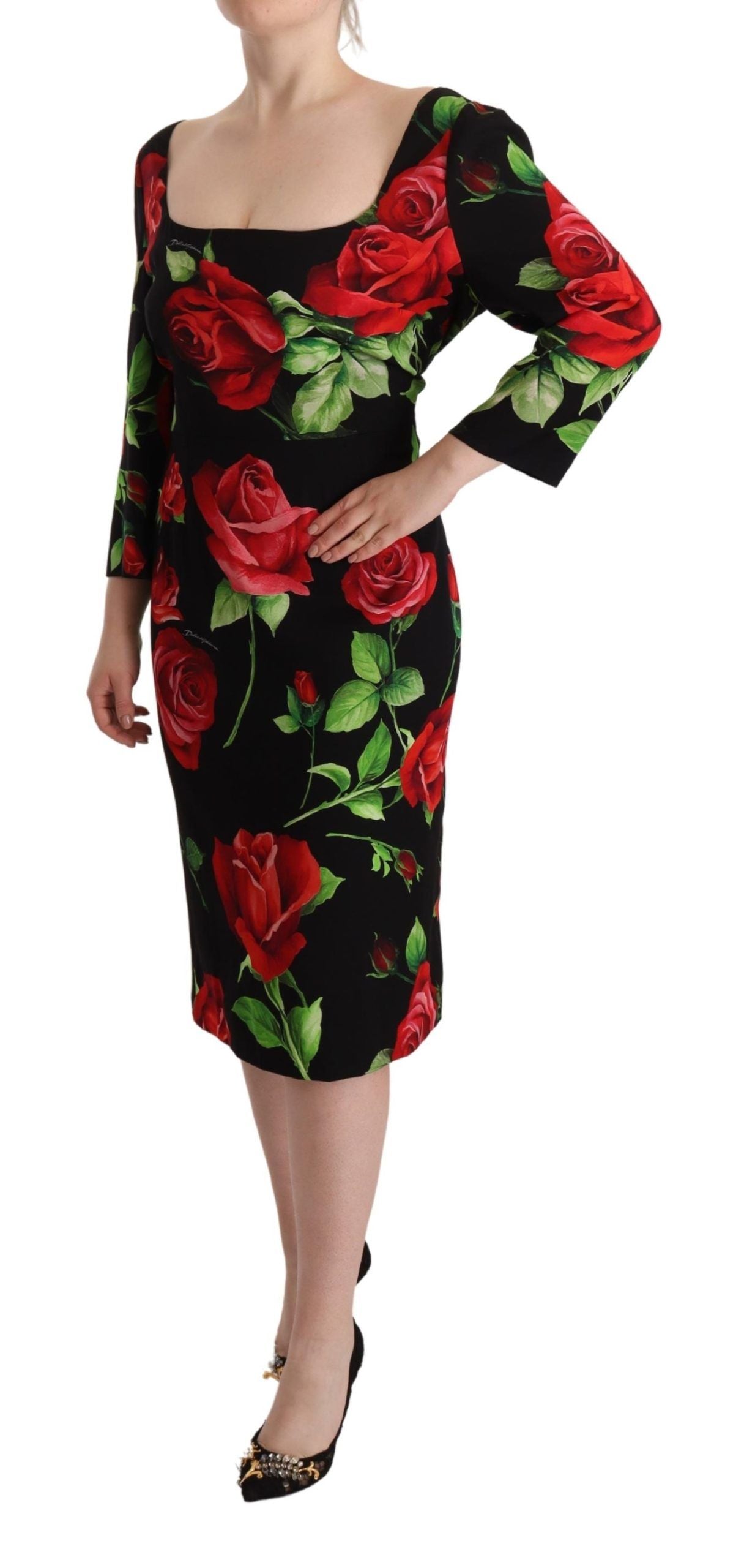 Dolce & Gabbana Black Red Roses Sheath Stretch Silk Women's Dress