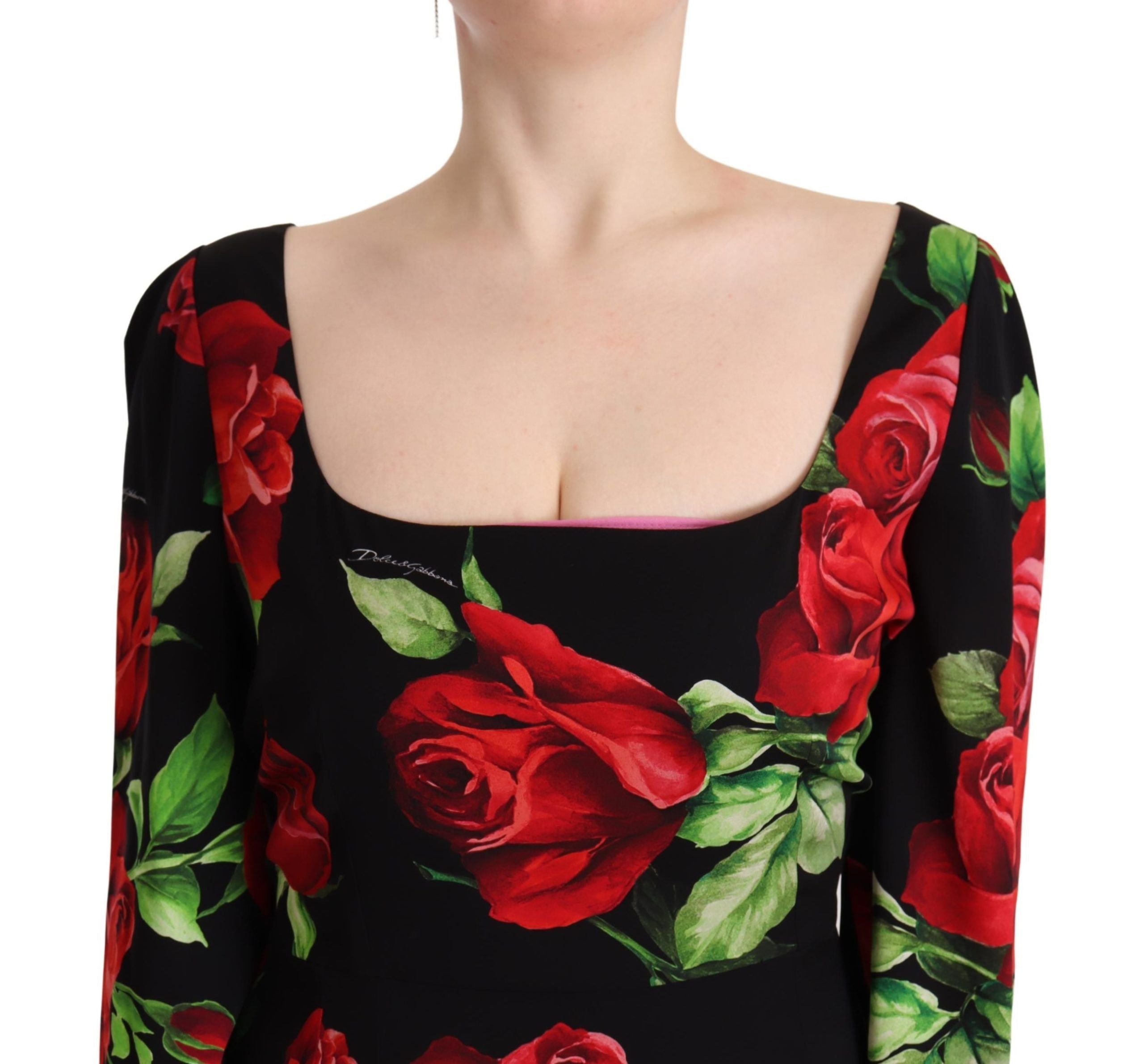 Dolce & Gabbana Black Red Roses Sheath Stretch Silk Women's Dress