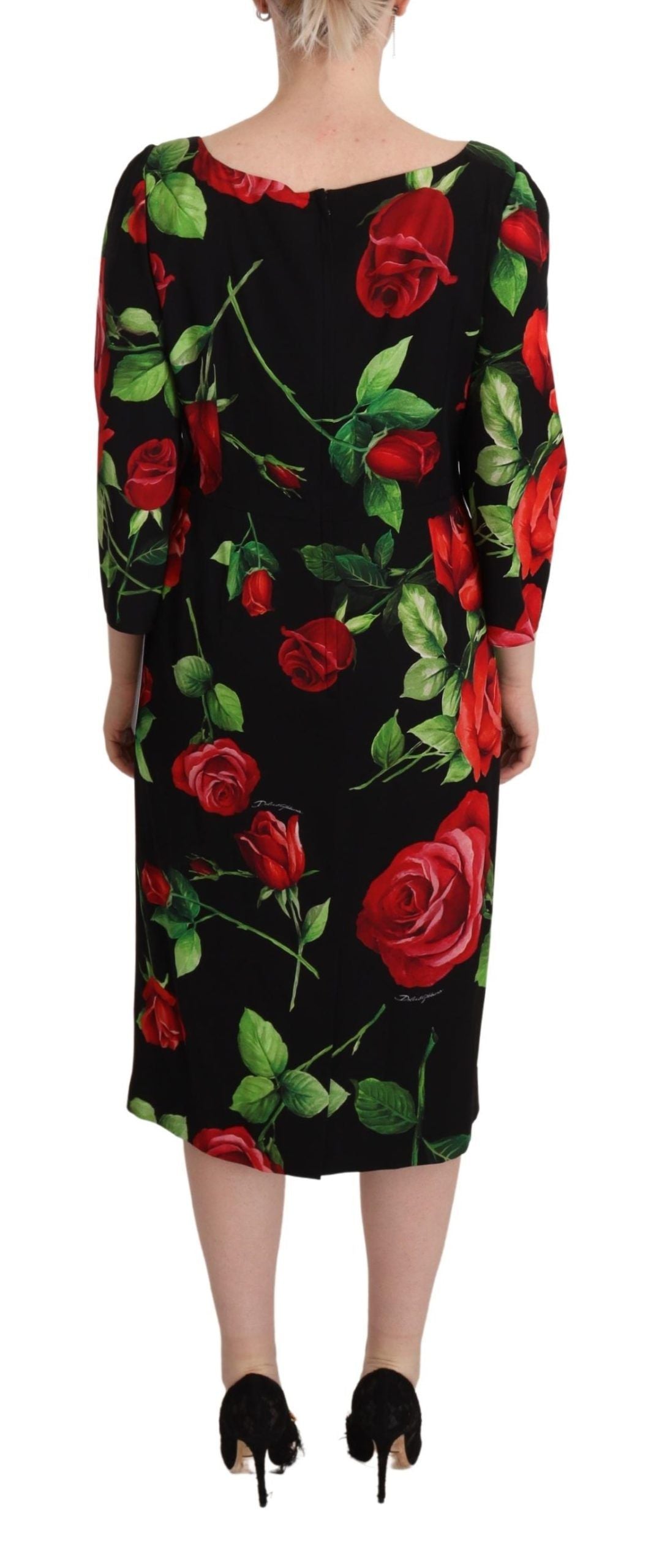 Dolce & Gabbana Black Red Roses Sheath Stretch Silk Women's Dress