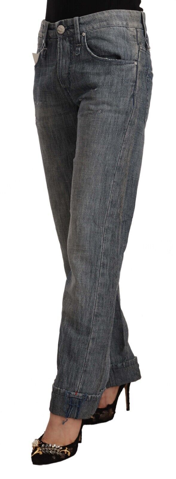 Acht Gray Washed Mid Waist Straight Denim Folded Hem Women's Jeans