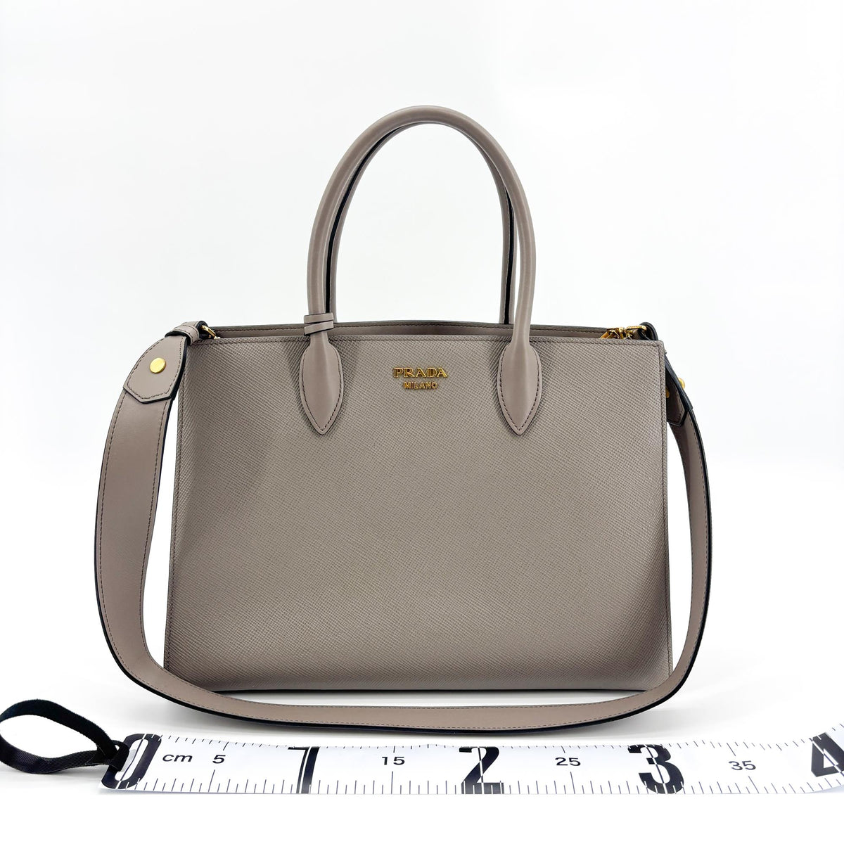 Prada Side Pleat Saffiano Leather Gray Leather Tote Bag Bag (Pre-Owned)