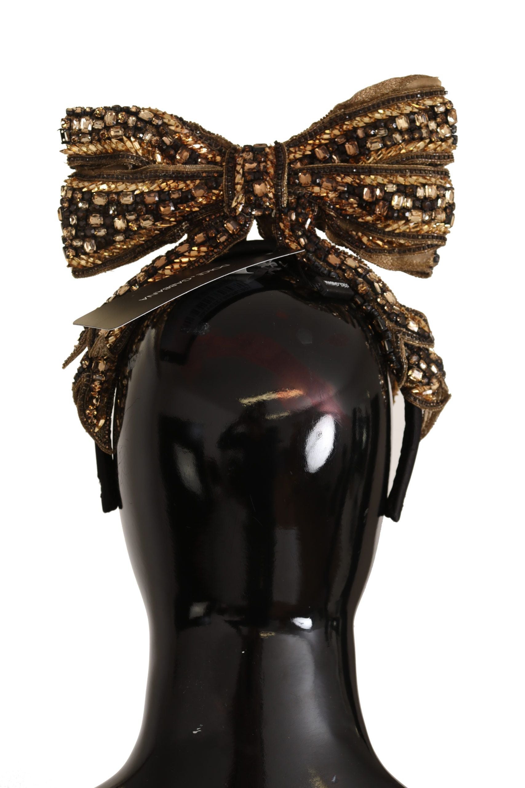 Dolce & Gabbana Gold Crystal Beaded Sequined Silk Bow Headband Women's Diadem