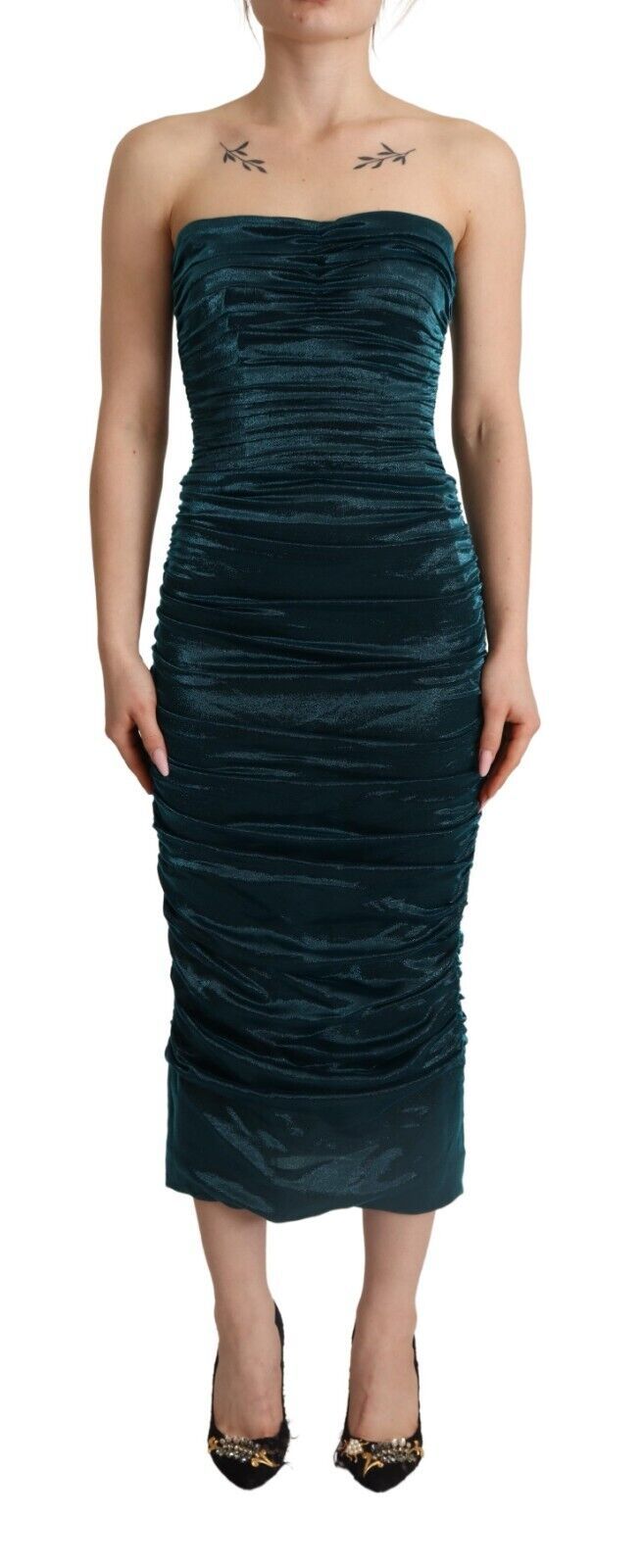 Dolce & Gabbana Turquoise Draped Satin Midi Women's Dress