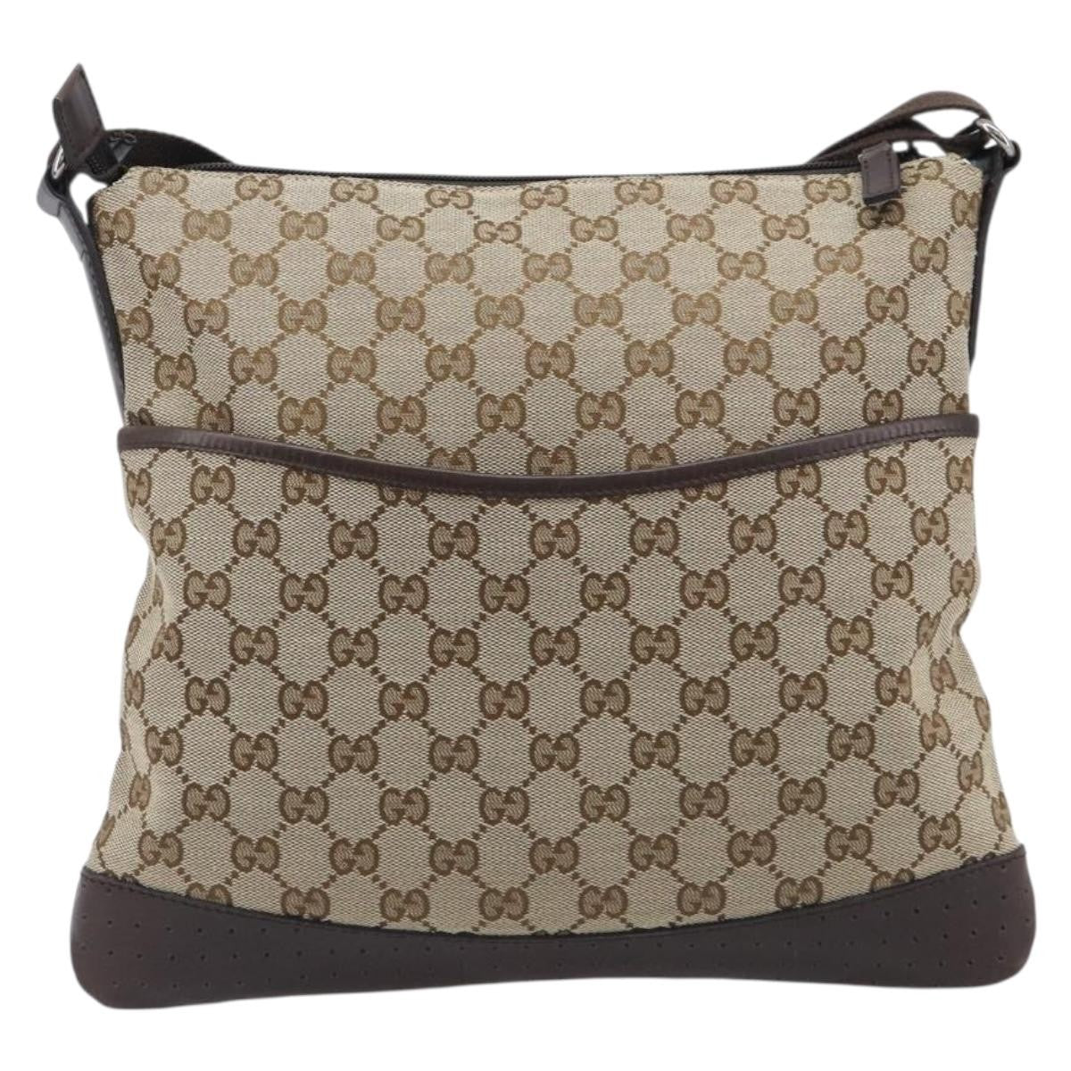 Gucci Zip Messenger Gg Canvas With Perforated Leather Beige Canvas Handbag (Pre-Owned)