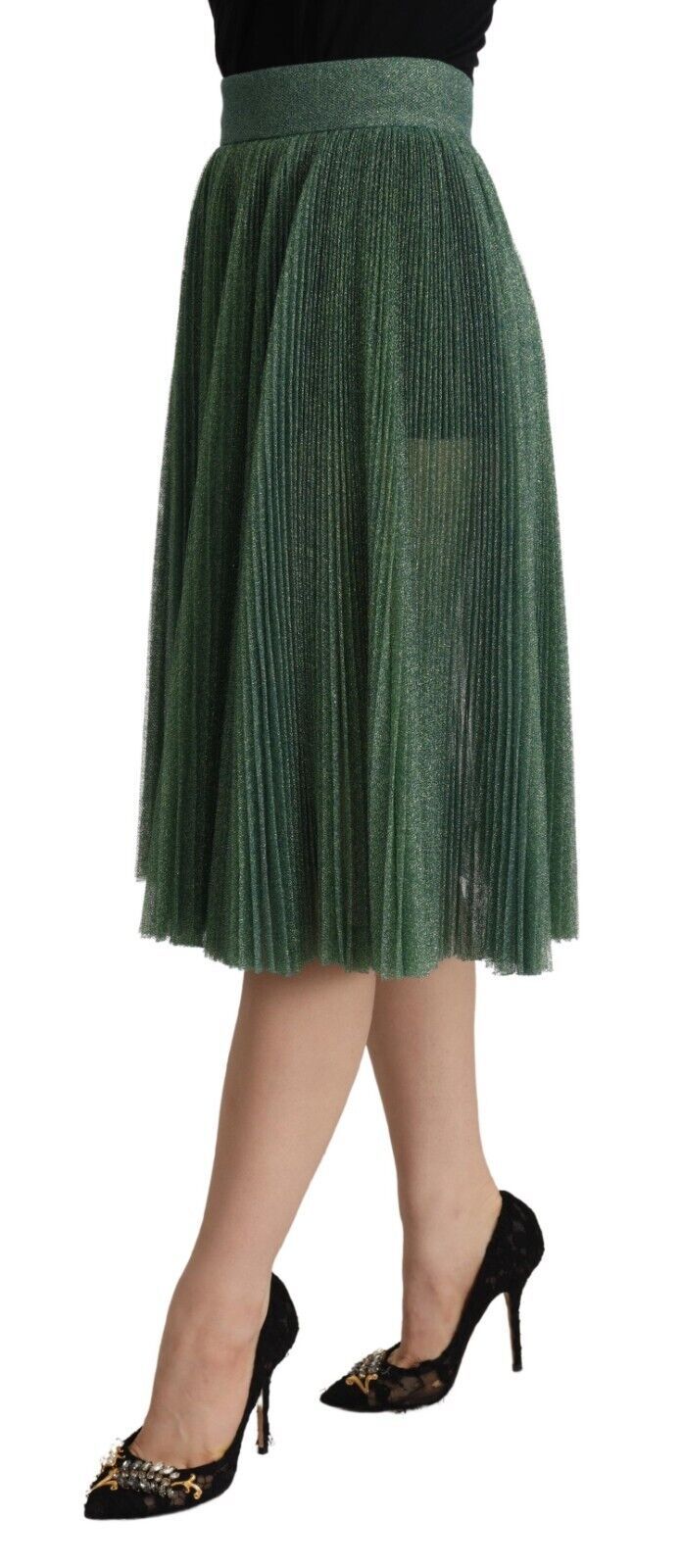 Dolce & Gabbana Metallic Green Pleated A-Line Midi Women's Skirt