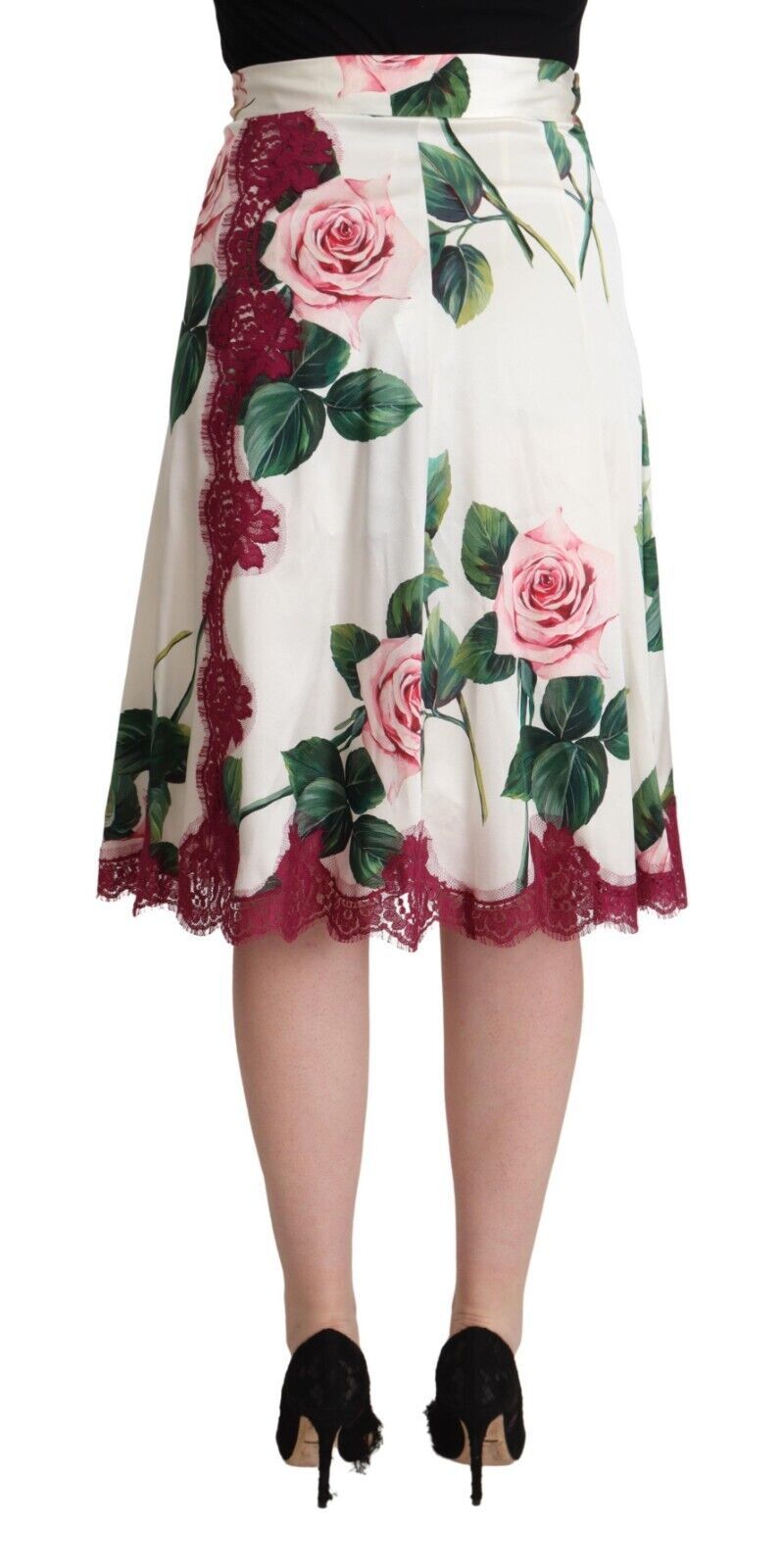 Dolce & Gabbana White Rose Print High Waist Midi A-line Women's Skirt