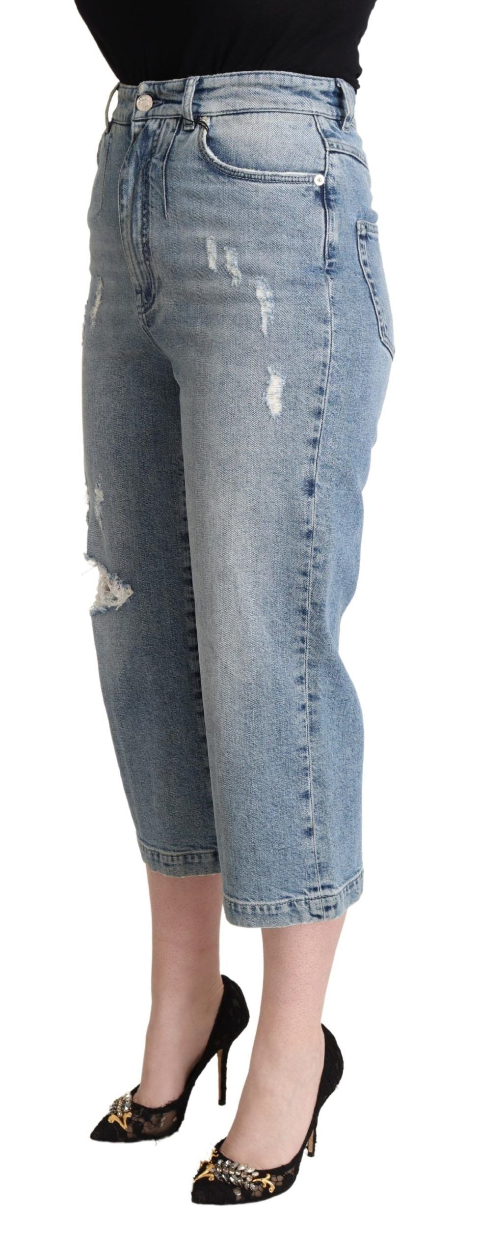 Dolce & Gabbana Blue Tattered Cotton Denim Capri Cropped Women's Jeans