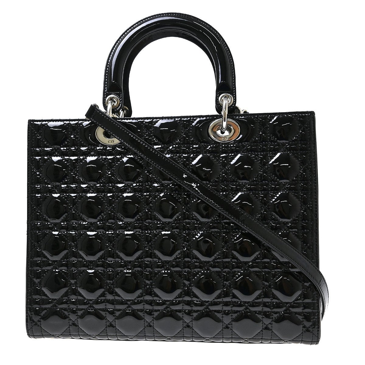 Christian Dior Lady Dior Patent Black Patent_Leather Handbag (Pre-Owned)