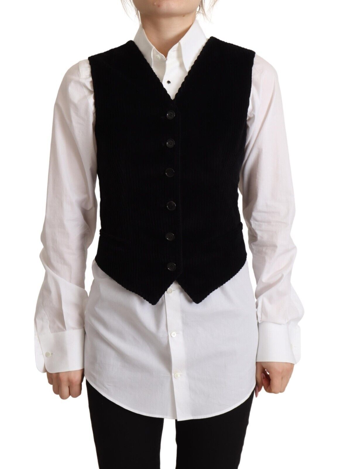 Dolce & Gabbana Black V-neck Leopard Corduroy Button Vest Women's Top