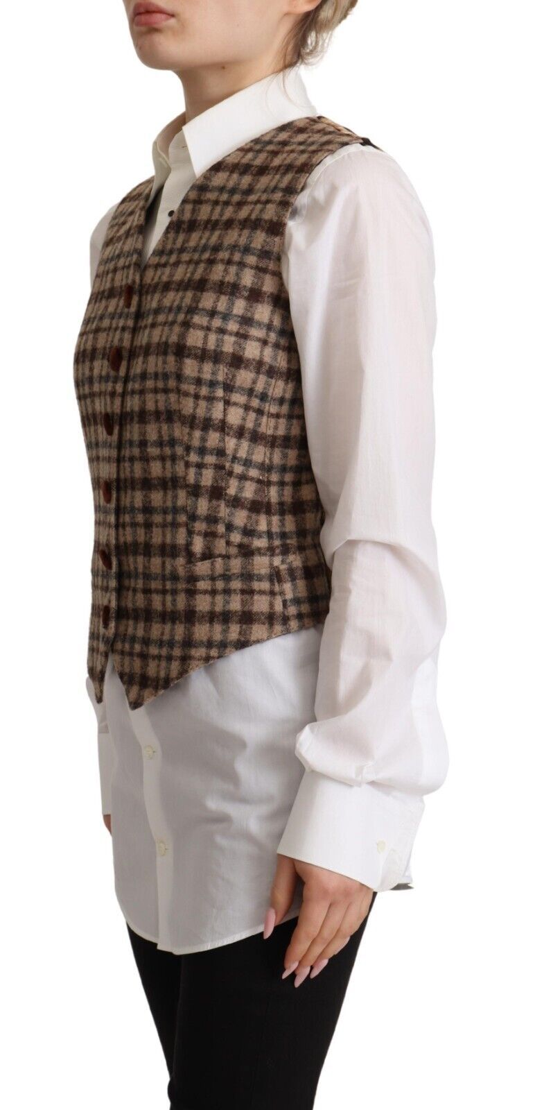 Dolce & Gabbana Brown Checkered Leopard V-neck Sleeveless Vest Women's Top