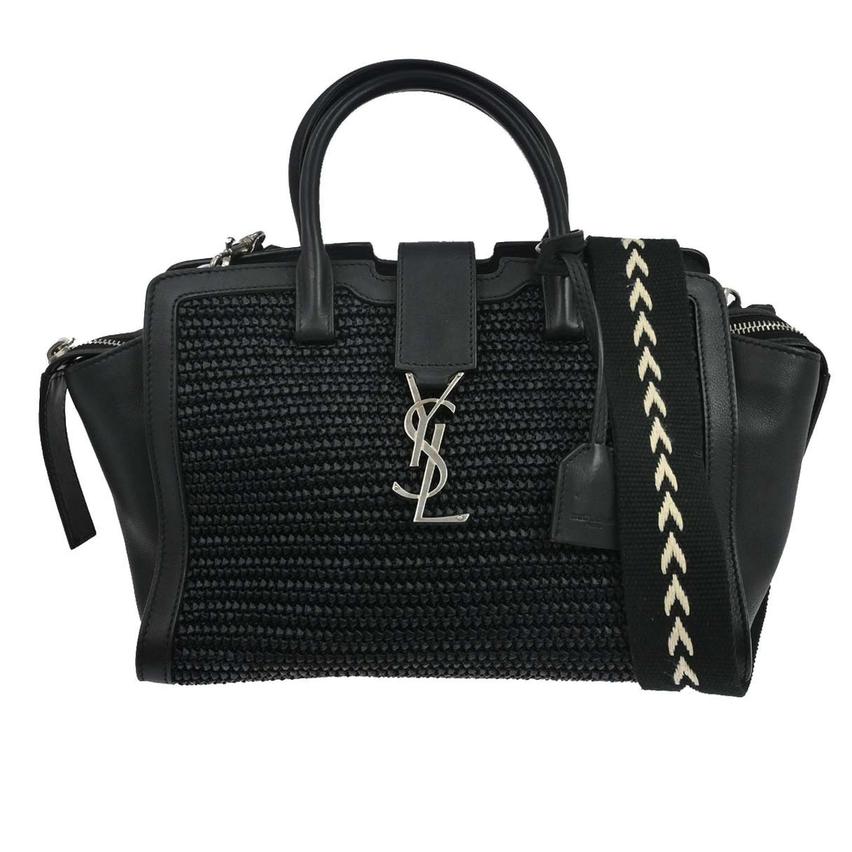 Saint Laurent Monogram Cabas Downtown Raffia And Leather Black Leather Tote Bag Bag (Pre-Owned)