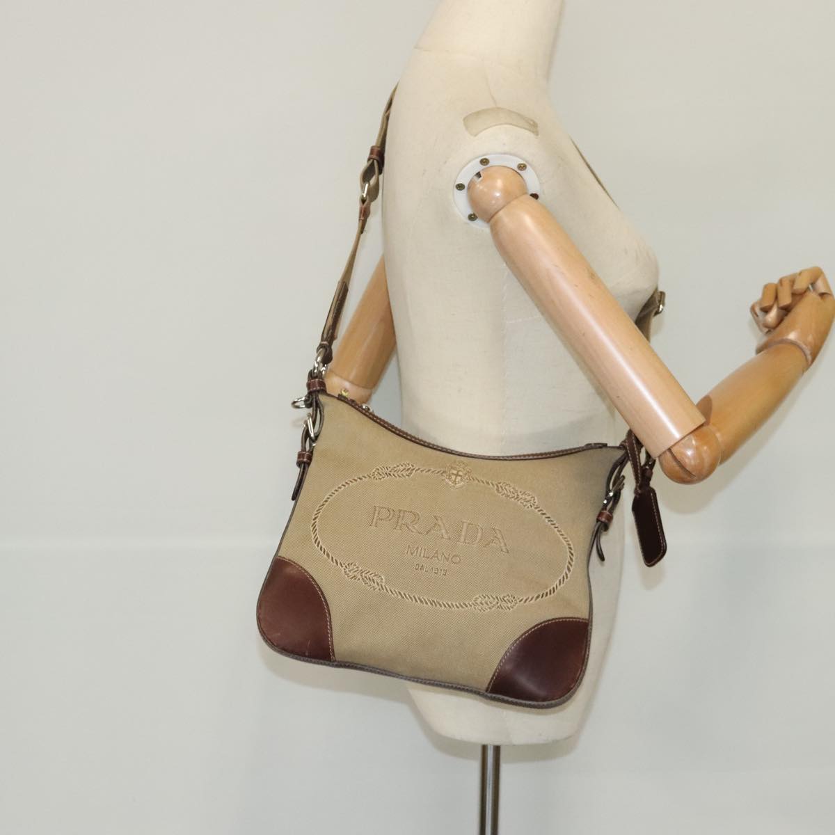 Prada Canapa Beige Canvas Shoulder Bag (Pre-Owned)