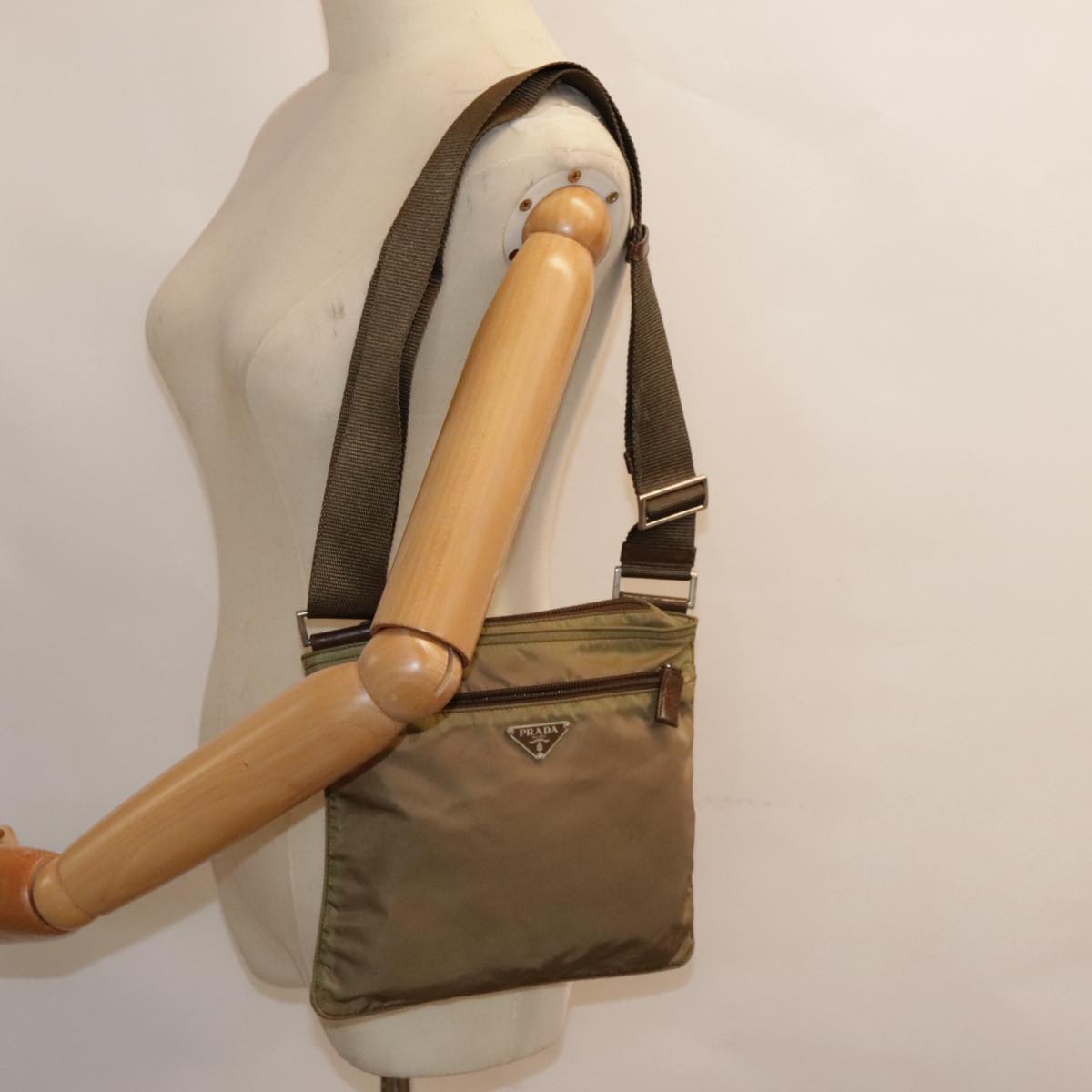 Prada Triangle Logo Khaki Synthetic Shoulder Bag (Pre-Owned)