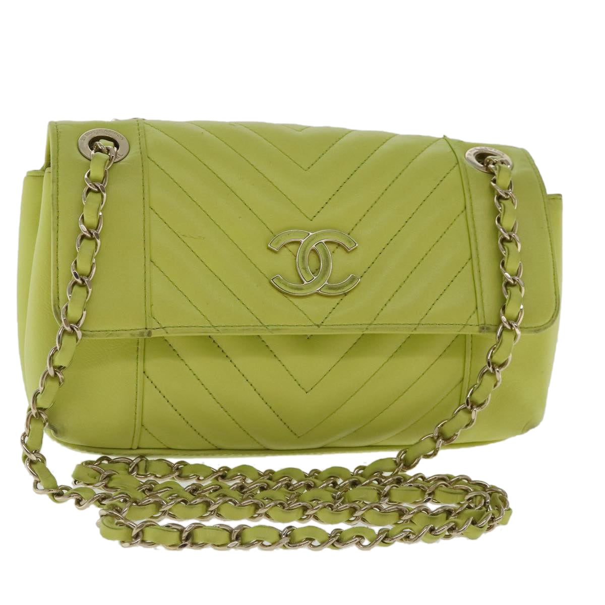 Chanel V-Stich Green Leather Shoulder Bag (Pre-Owned)