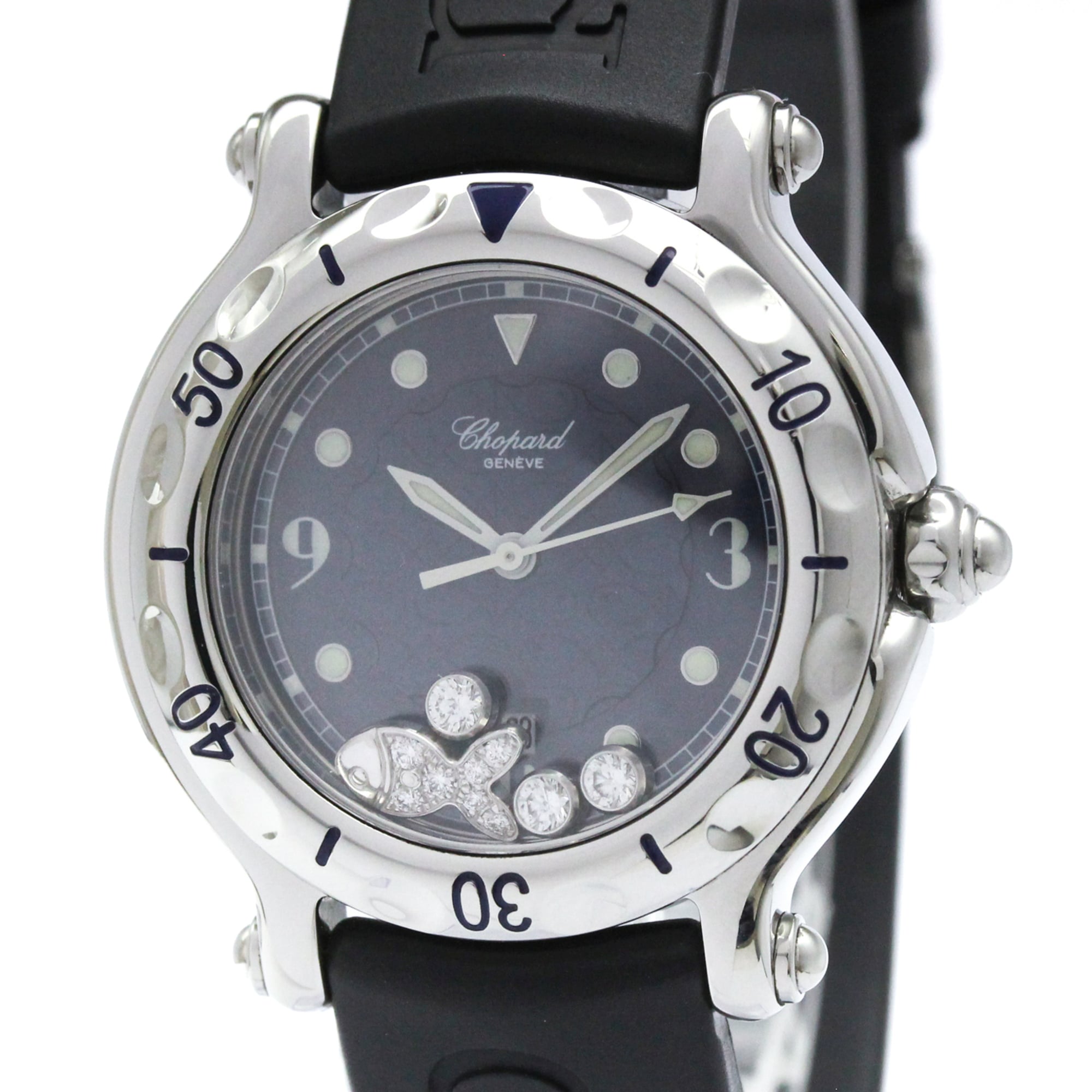 Chopard Happy Sport Fish Round Quartz Stainless Steel And Rubber With Floating Diamonds Watch (Pre-Owned)