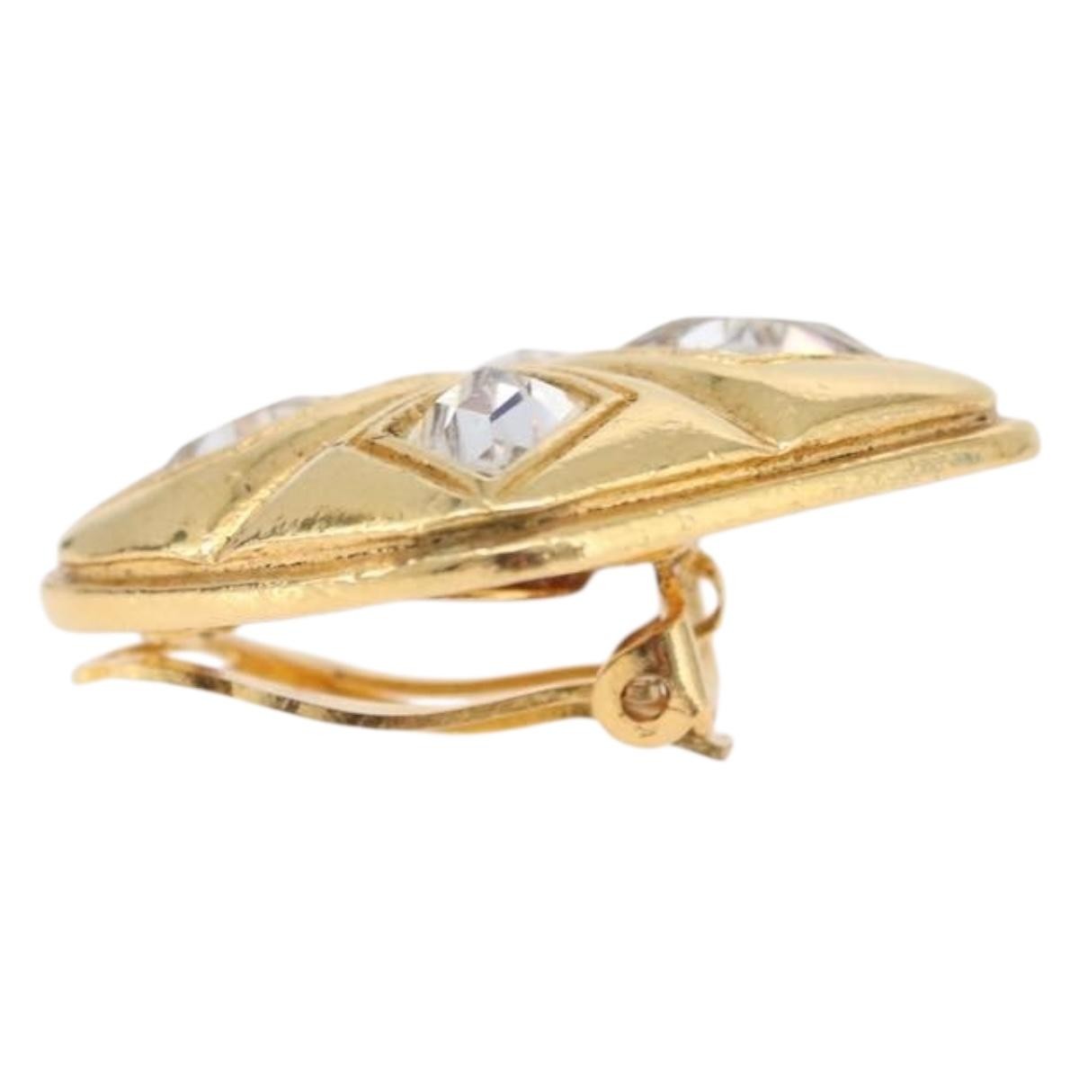 Chanel Vintage Diamond Clip-On Metal With Crystals Gold Metal Earrings Jewelry (Pre-Owned)