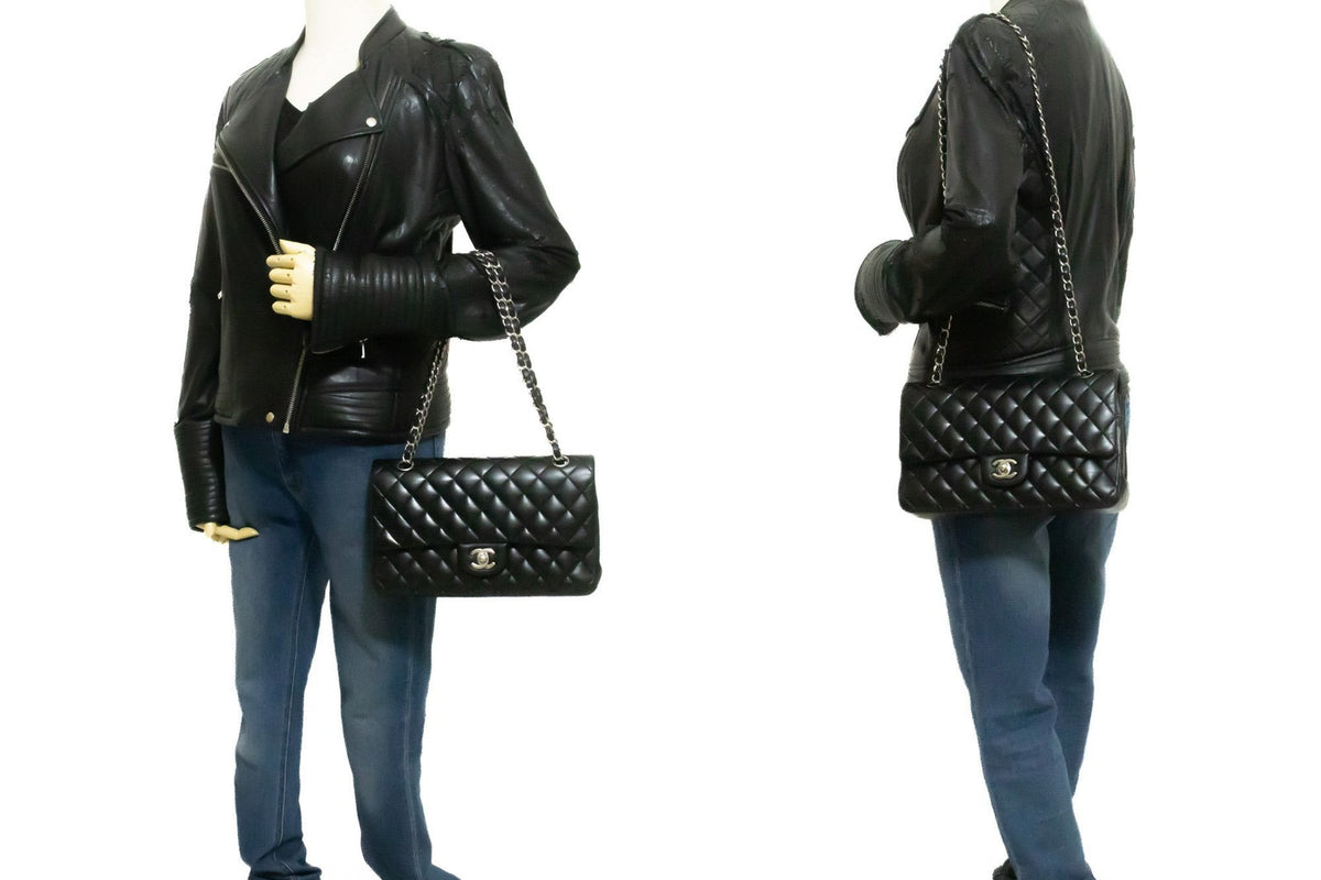 Chanel Classic Double Flap Quilted Lambskin Black Leather Handbag (Pre-Owned)