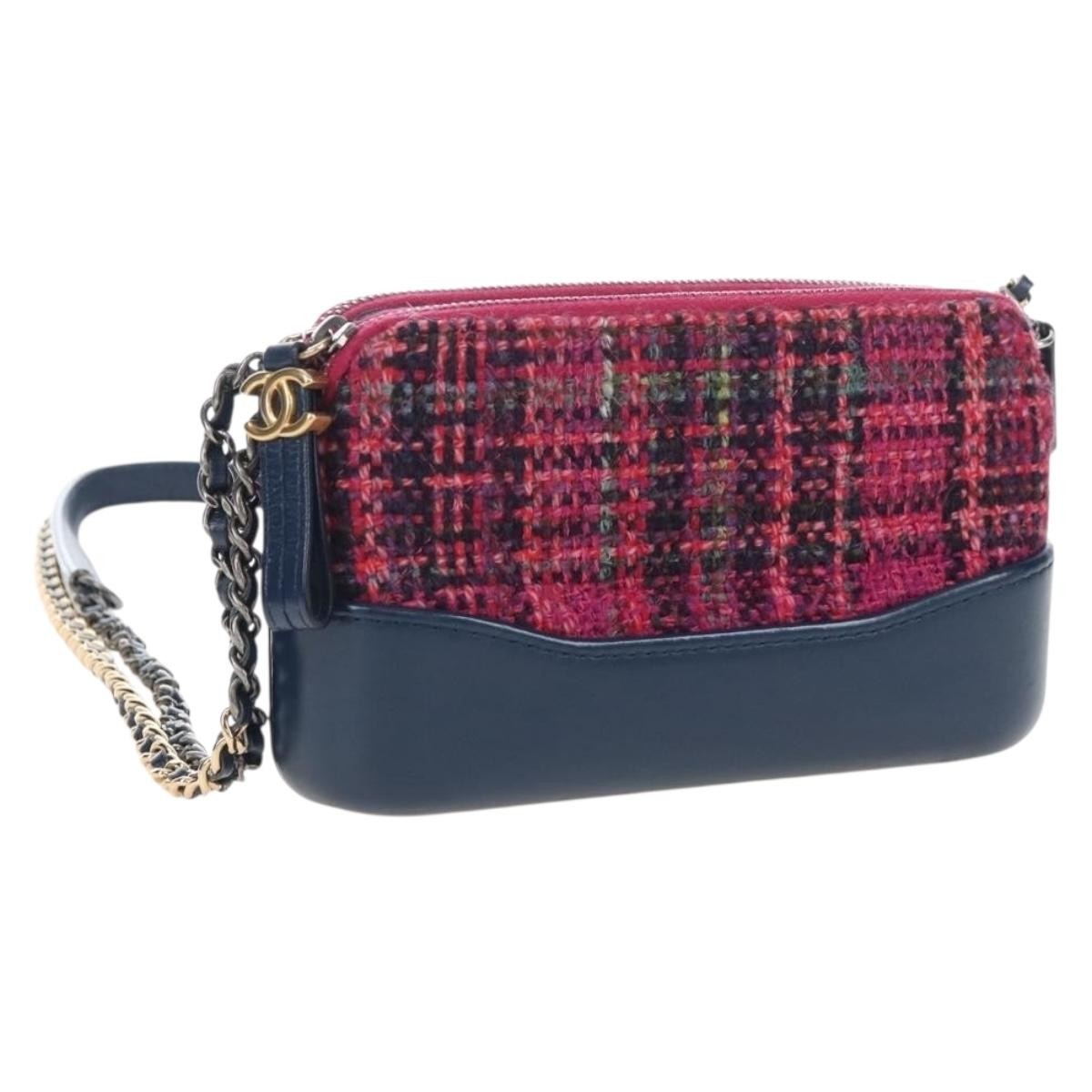 Chanel Gabrielle Double Zip Clutch With Chain Quilted Tweed Pink Tweed Clutche & Pouche Bag (Pre-Owned)
