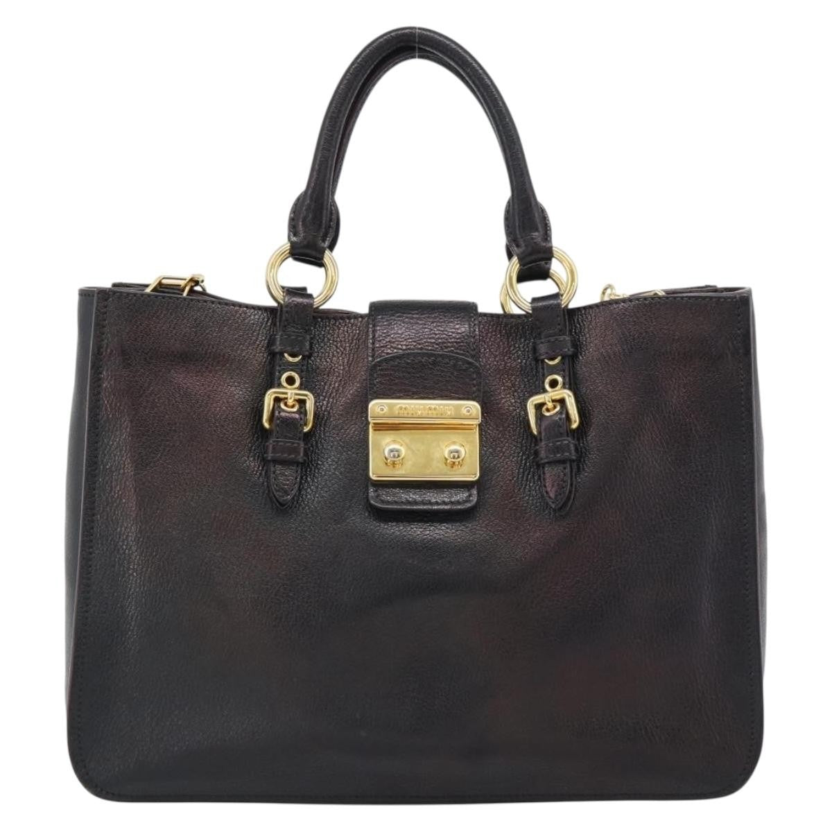 Miu Miu Madras Convertible Lock Leather Black Leather Tote Bag Bag (Pre-Owned)