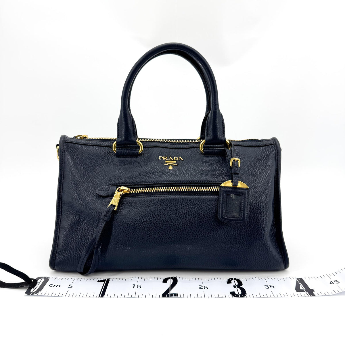 Prada Front Zip Convertible Satchel Vitello Phenix Navy Leather Handbag (Pre-Owned)