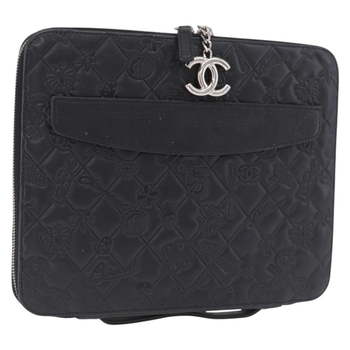 Chanel Zip Around Ipad Case Quilted Lambskin Black Leather Tech Accessory Accessory (Pre-Owned)
