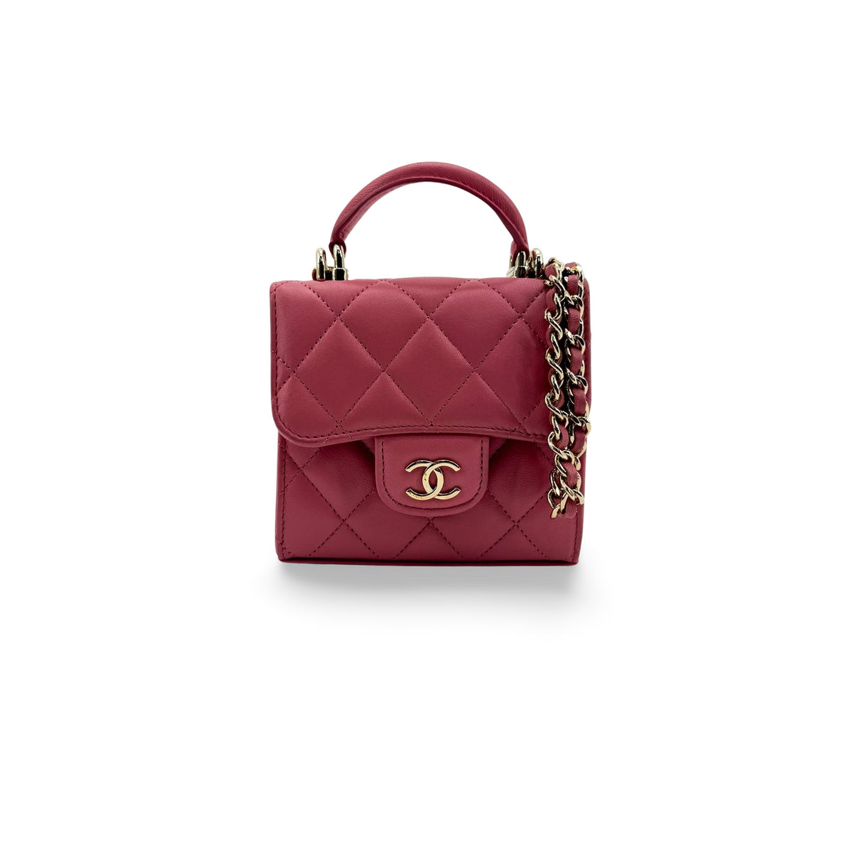 Chanel Square Classic Flap Top Handle Clutch With Chain Quilted Lambskin Pink Leather Clutche & Pouche Bag (Pre-Owned)