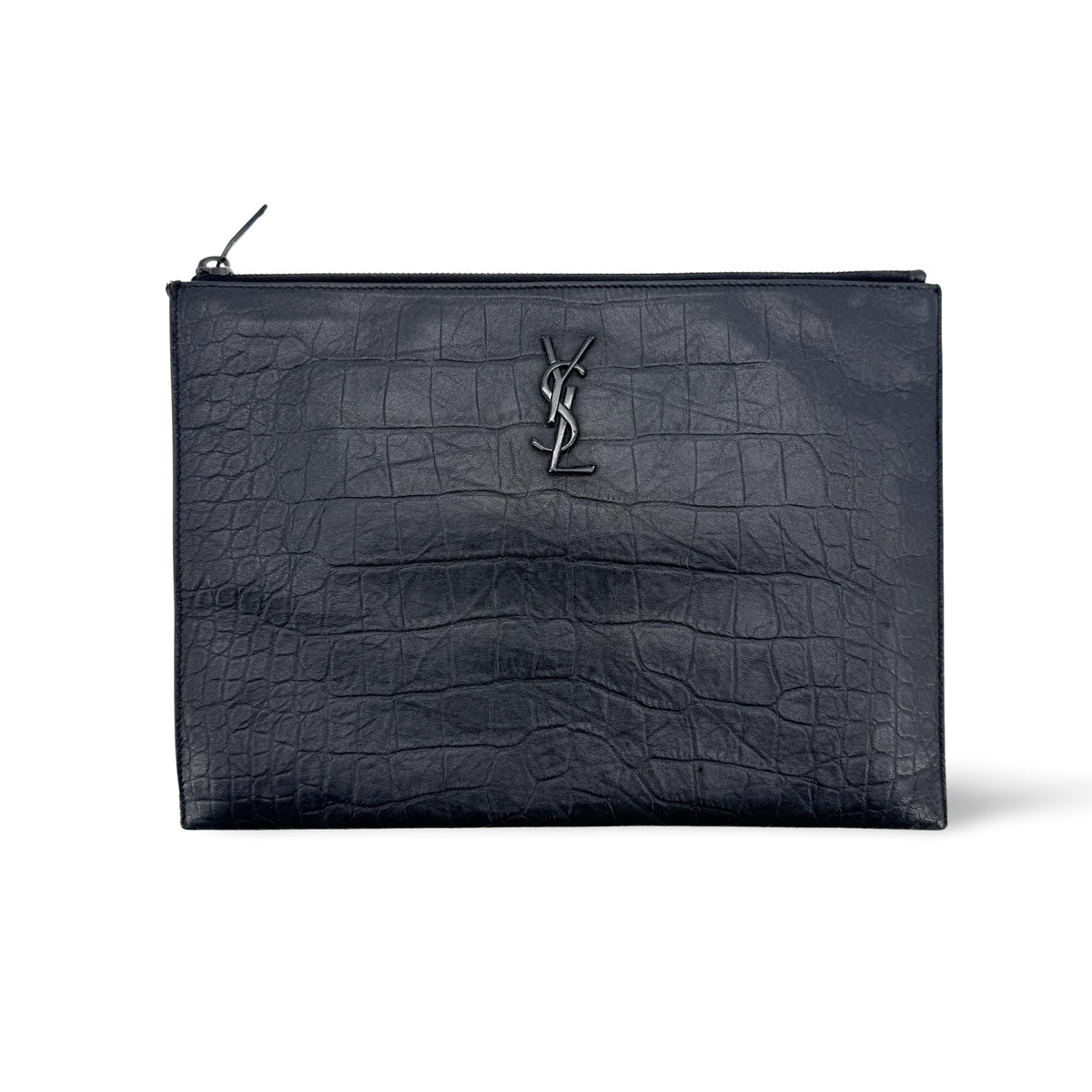 Saint Laurent Classic Monogram Zip Crocodile Embossed Leather Black Leather Clutche & Pouche Bag (Pre-Owned)